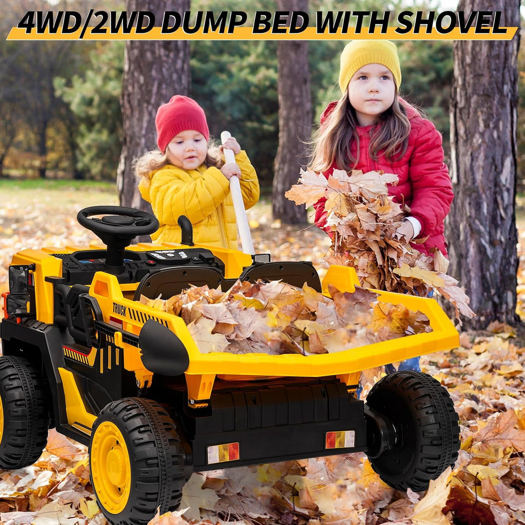 24V Kids Ride On Dump Truck with R/C, 2 Seater Electric Car - 2WD/4WD Powerful Motors, 4.4 Mph, Electric Dump Bed & Shovel, EVA Tires, Music Player, Soft Start, 19' Spacious Seat (Yellow)
