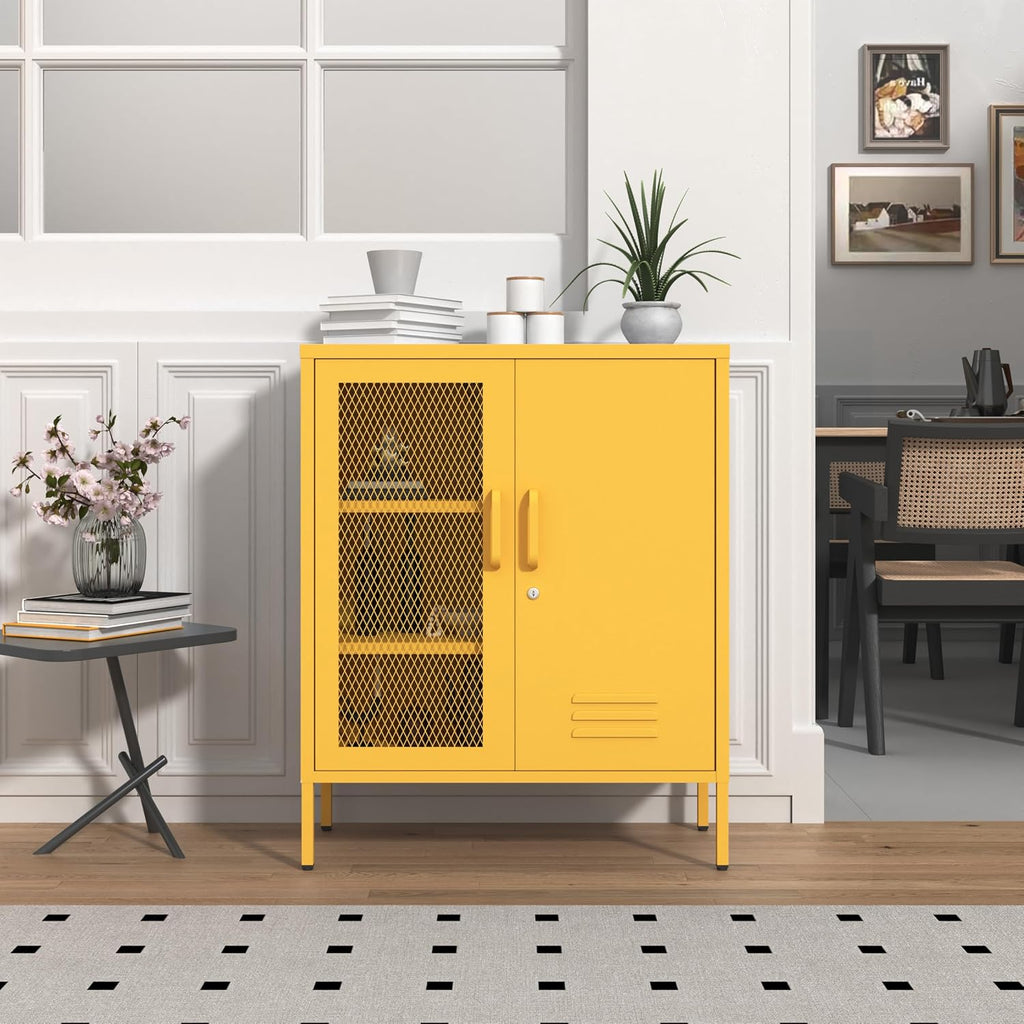 Yellow Metal Storage Cabinet with Lock 3-Tier Freestanding Locker Organizer with Mesh Ventilated Door Multipurpose Accent Cabinet Locker Adjustable legs For Hallway, Living Room, Entryway, Home Office