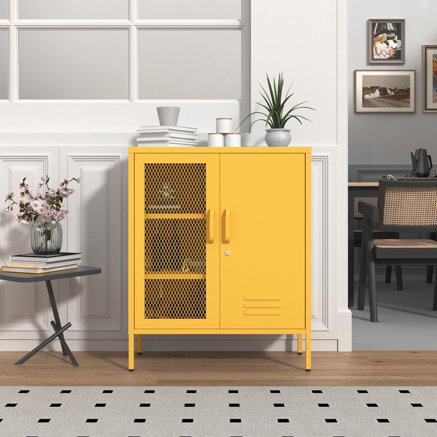 Yellow Metal Storage Cabinet with Lock 3-Tier Freestanding Locker Organizer with Mesh Ventilated Door Multipurpose Accent Cabinet Locker Adjustable legs For Hallway, Living Room, Entryway, Home Office
