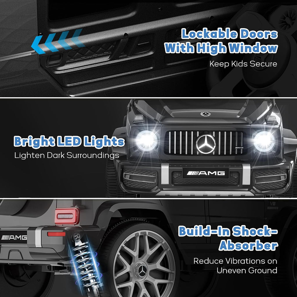 Licensed Mercedes Benz G63 Kids Electric Car, 12V G Wagon Ride on Car w/Safety High Window, Remote Control, 3 Speeds, Music Player, Horn & LED Lights for Toddlers (Black)