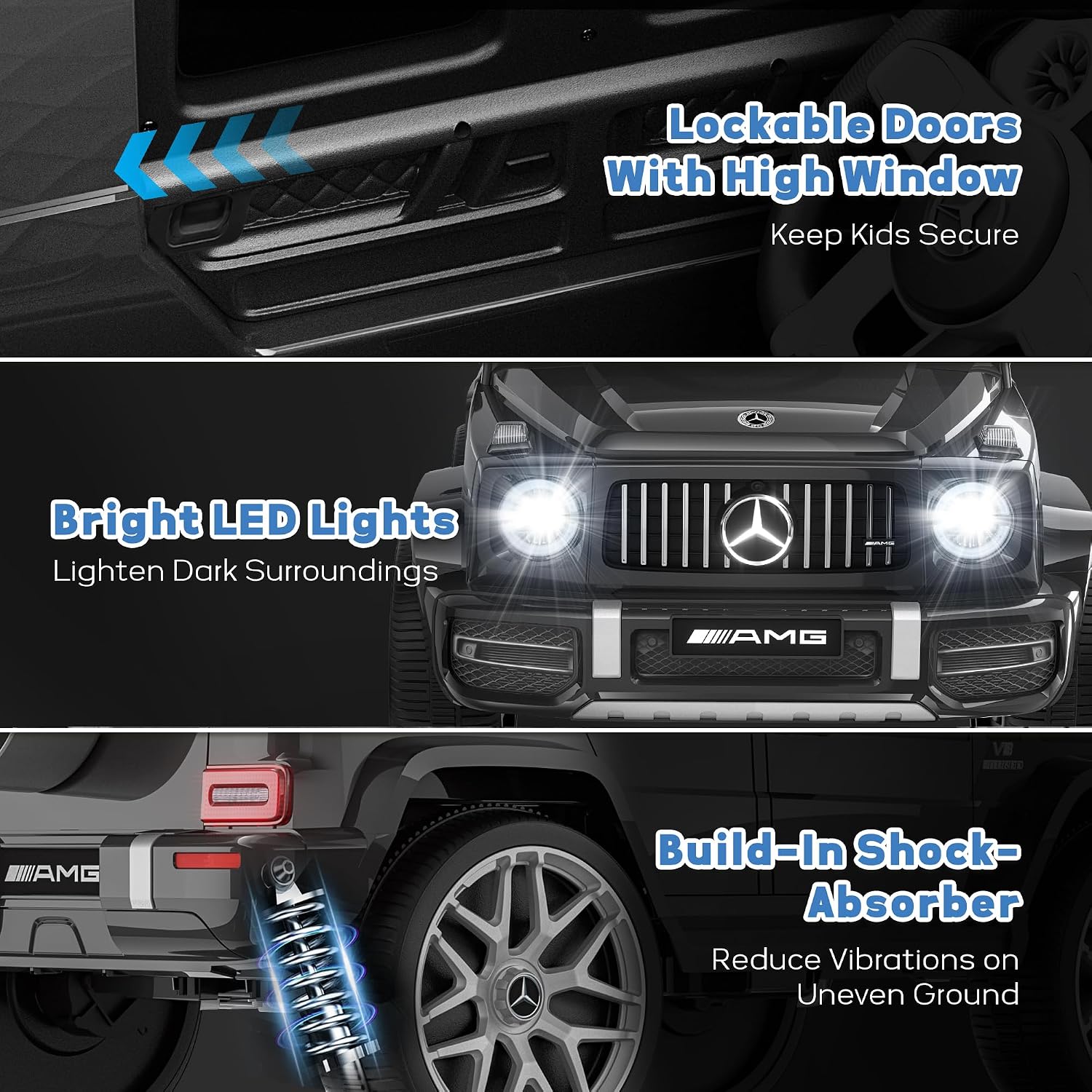 Licensed Mercedes Benz G63 Kids Electric Car, 12V G Wagon Ride on Car w/Safety High Window, Remote Control, 3 Speeds, Music Player, Horn & LED Lights for Toddlers (Black)