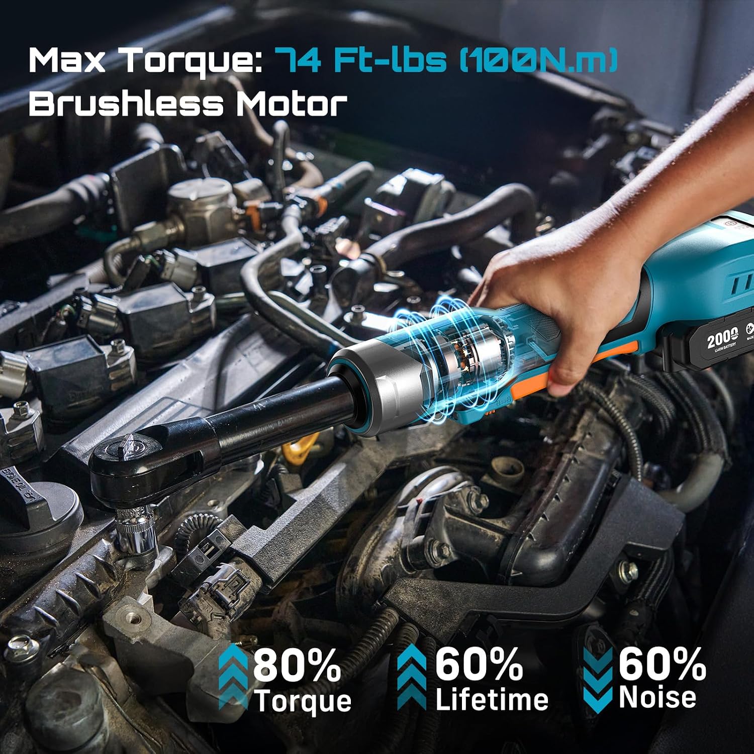 Cordless Electric Ratchet Wrench 3/8', 6' Extended Neck, 3-Speed Adjustable, 74 Ft-lbs Max Torque, 21V Power Brushless Ratchet with 2×2.0Ah Batteries & Fast Charger, 8 Sockets, 1/4'& 1/2' Adapter