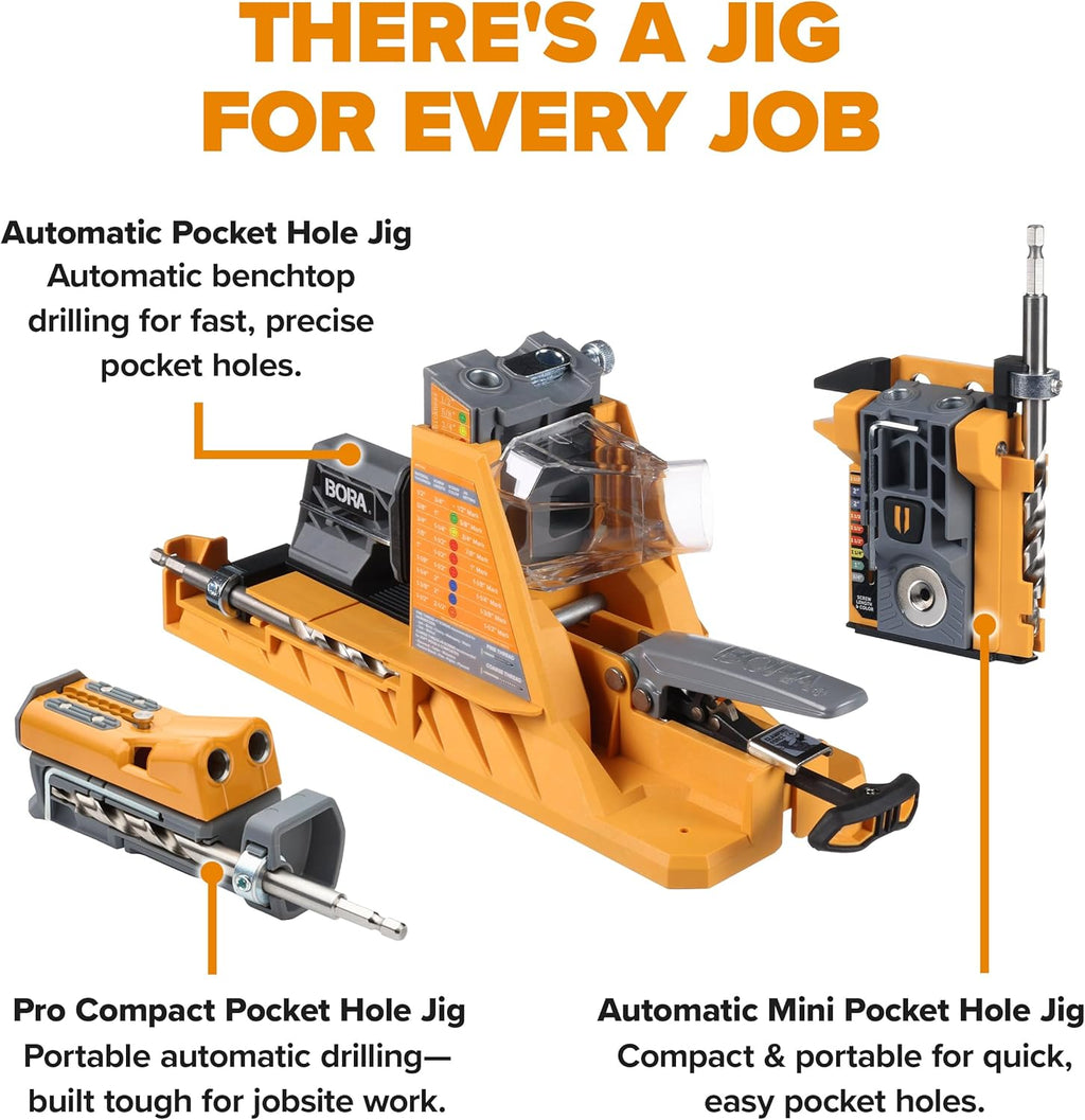 BORA Pro Compact Pocket Hole Jig, 3 inch Face Clamp, & 50pc Screw Set, Auto Adjust Drill Guide, Durable Pocket Hole Jig Kit for Woodworking & Tight Spaces - For Materials 1/2 inch to 1-1/2 inch Thick
