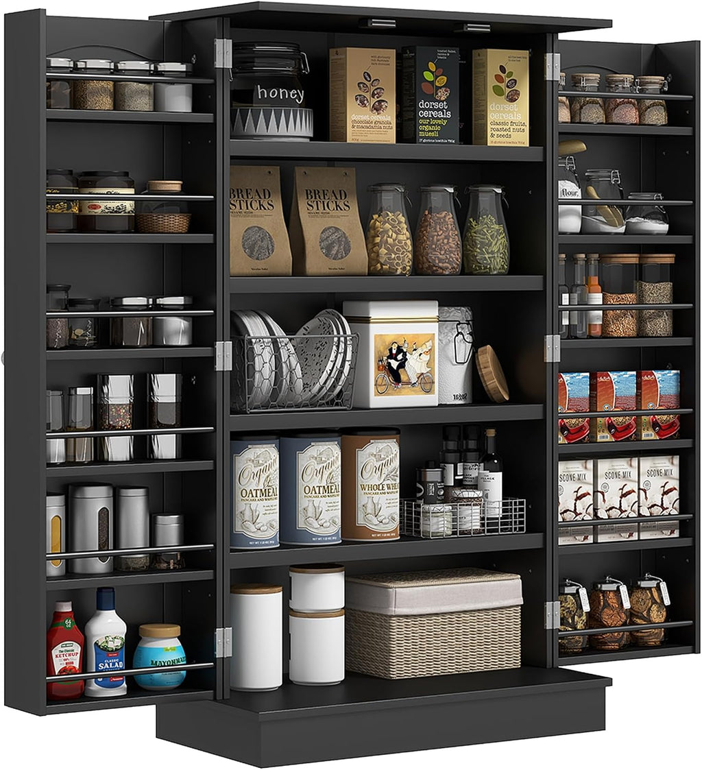 HOMCOM 41' Kitchen Pantry Storage Cabinet, Freestanding Kitchen Cabinet with 12 Door Shelves, Double Doors, 5-Tier Shelving and Adjustable Shelves, Black