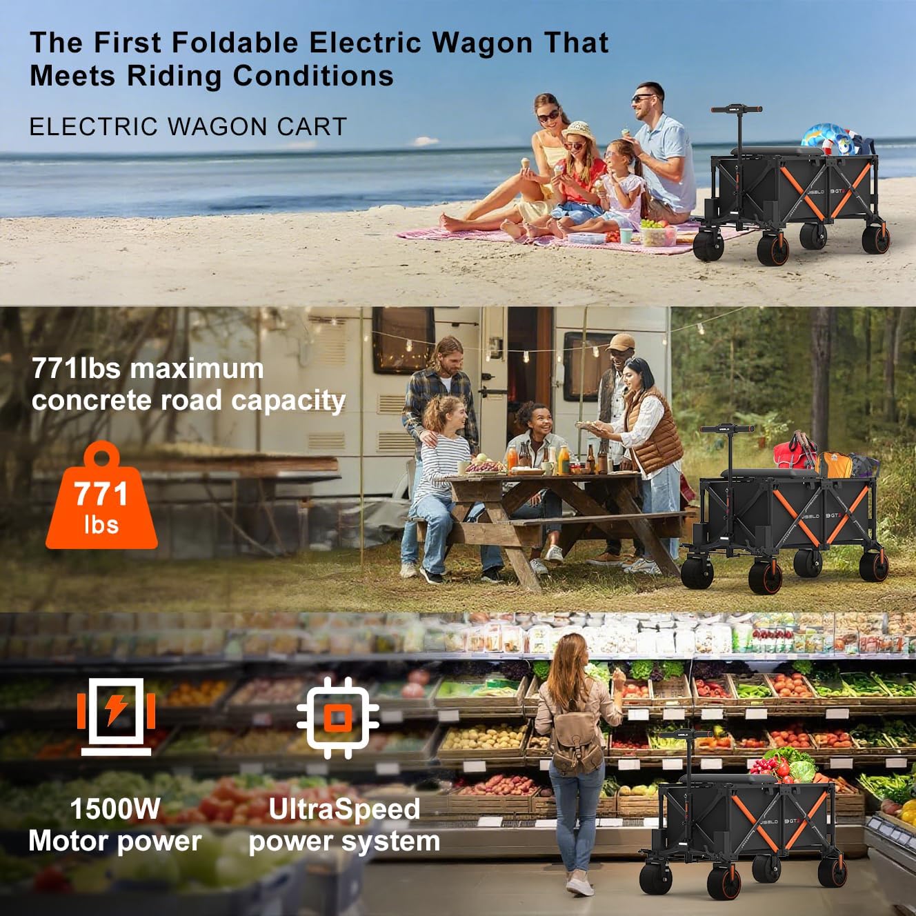 WISELD GT3 Electric Wagon Cart with Seat*1 Battery*1, Dymanic Load 551LBS/Static 772LBS Wagon, Reverse Function, Precision Steering, 2 Modes for Shopping, Sports, Garden, Camping
