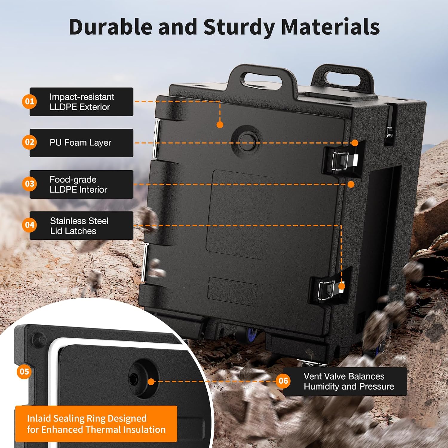 NEEDONE Food Warmer, 81 Qt Hot Box LLDPE Insulated Food Pan Carrier for Hot/Cold Food, w/Double Buckles, Lockable Wheels, Handles, Stackable Design, for Catering Restaurant Camping Family Party
