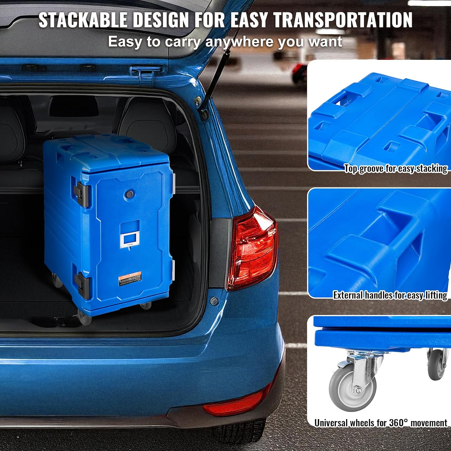 VEVOR Insulated Food Pan Carrier, 127 Qt Hot Box for Catering, LLDPE Food Box Carrier w/Double Buckles, Front Loading Food Warmer w/Handles, End Loader w/Wheels for Restaurant, Canteen, etc. Blue