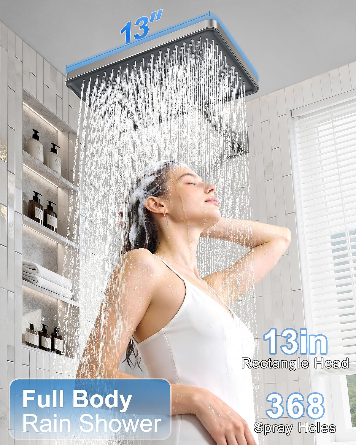 Shower System 13-Inch Rainfall Shower Head - 3 Setting Handheld Sprayer, Complete Bathroom Set with Faucet Mixer Trim Kit & Valve Brushed Nickel