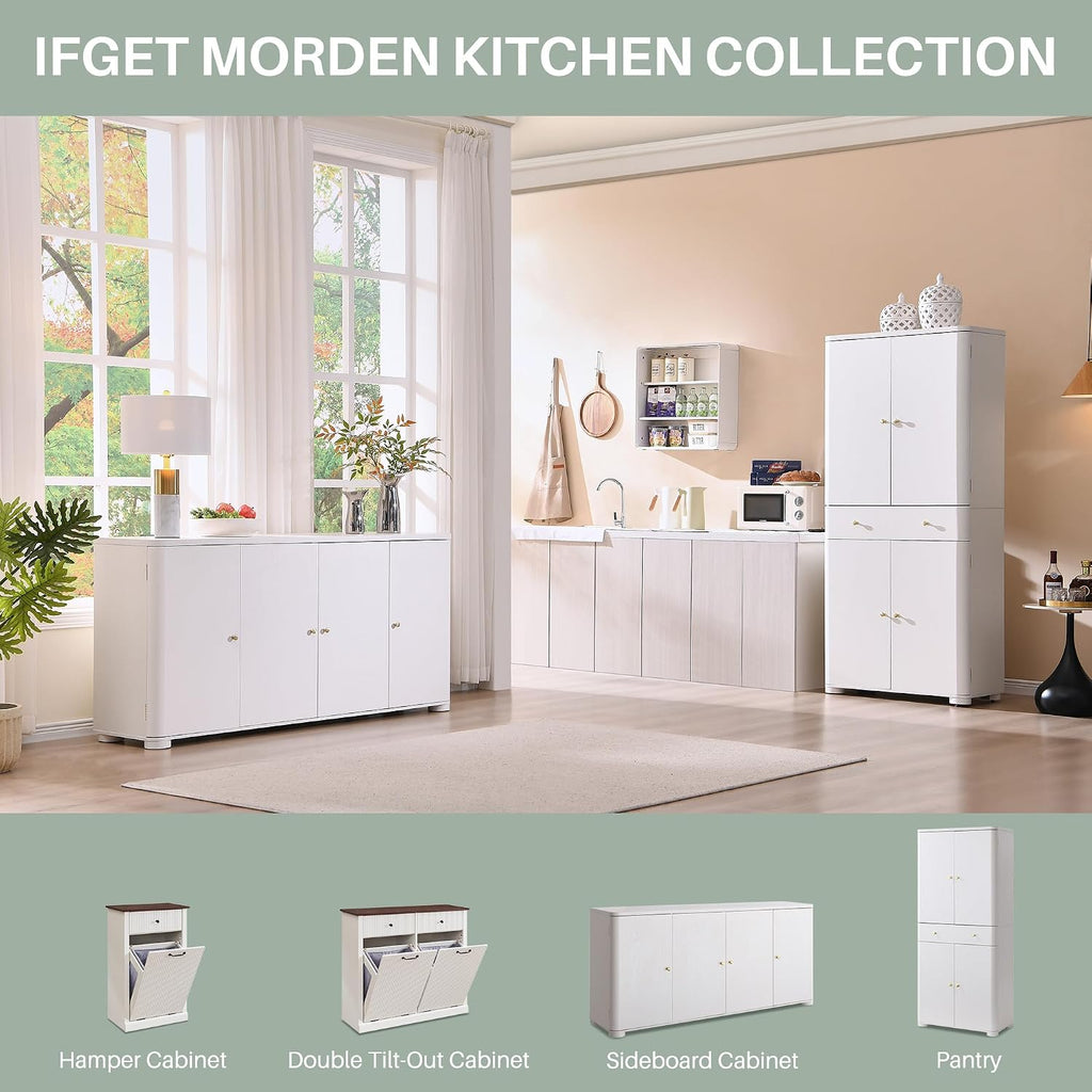 IFGET Curved Buffet Cabinet with Doors, 66' Large Sideboard Buffet Storage Cabinet with 4 Doors and Shleves, Modern Coffee Bar Station Wood Kitchen Table for Kitchen, Dining Room, White