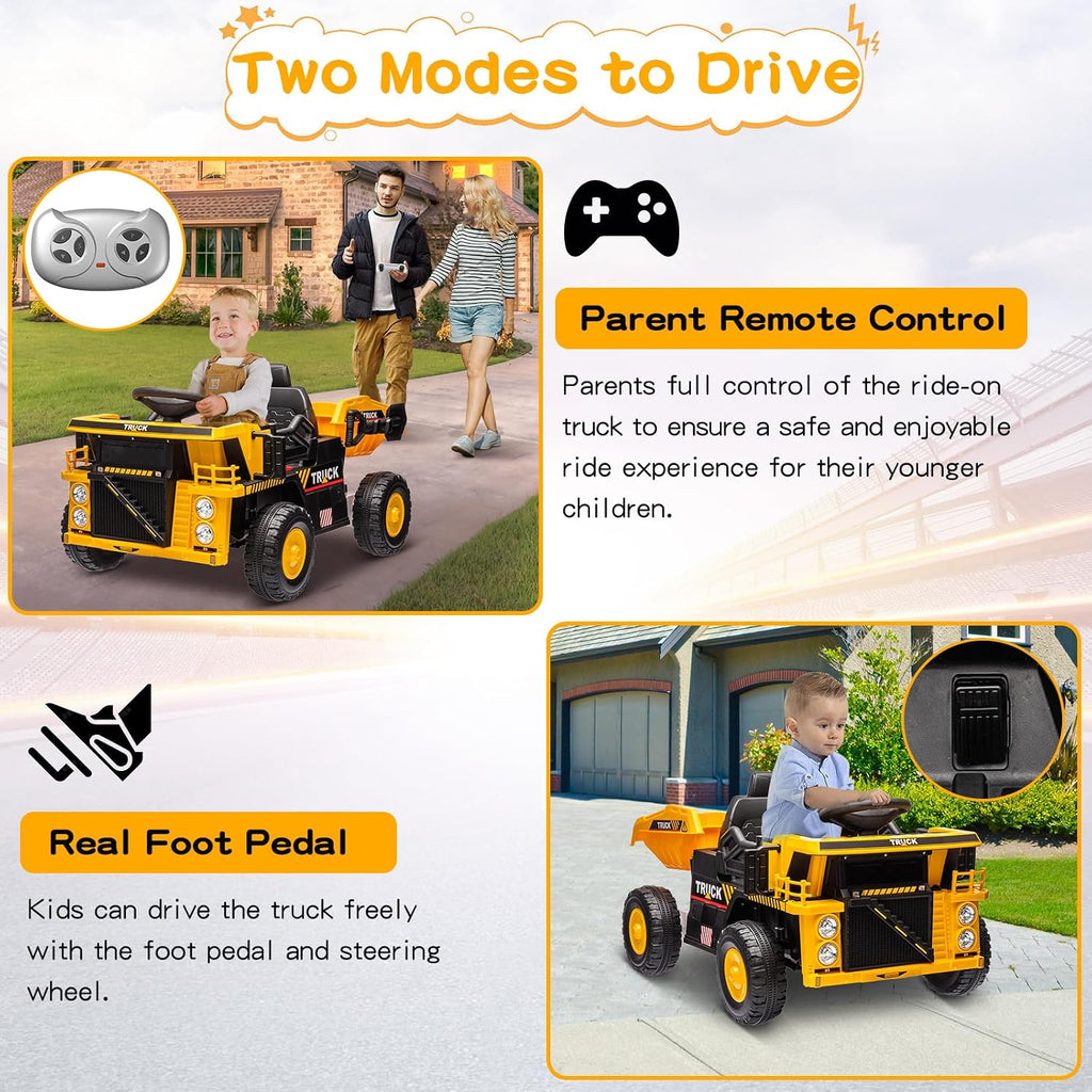 Ride on Dump Truck, 12v Ride on Construction Car for Kids with Remote Control,Electric Dump Bed and Extra Shovel, Construction Truck,Music Player, LED Lights for Toddlers-Yellow