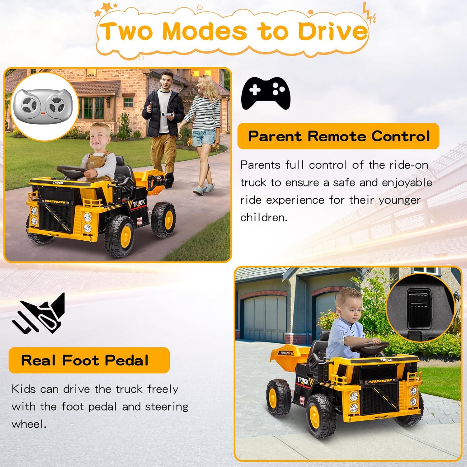 Ride on Dump Truck, 12v Ride on Construction Car for Kids with Remote Control,Electric Dump Bed and Extra Shovel, Construction Truck,Music Player, LED Lights for Toddlers-Yellow