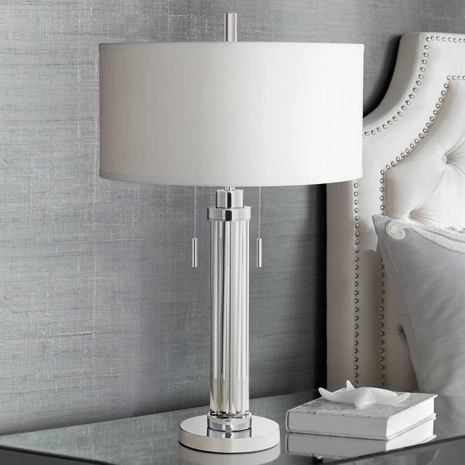 Possini Euro Design Cadence Modern 3-Way Table Lamp 30' Tall with Tabletop Dimmer Linear Clear Glass Rod White Linen Drum Shade for Bedroom Living Room House Bedside Nightstand Office Entryway