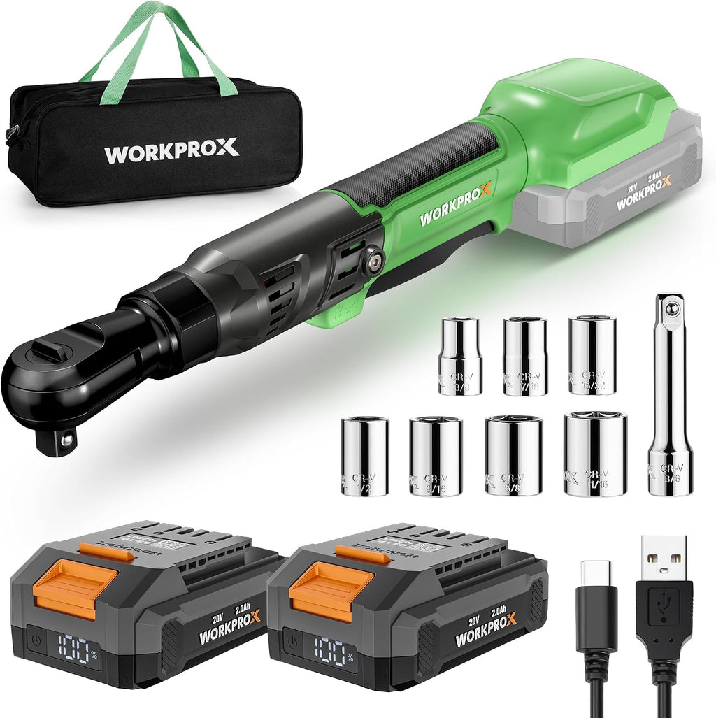 WORKPROX Electric Ratchet Wrench 3/8' Set, 20V Cordless Ratchet Wrench Kit, 74Ft-lbs, 250RPM, Battery Powered Ratchet with LED Light, 2-Pack 2000mAh Batteries, 7 Sockets & 3' Extension Bar
