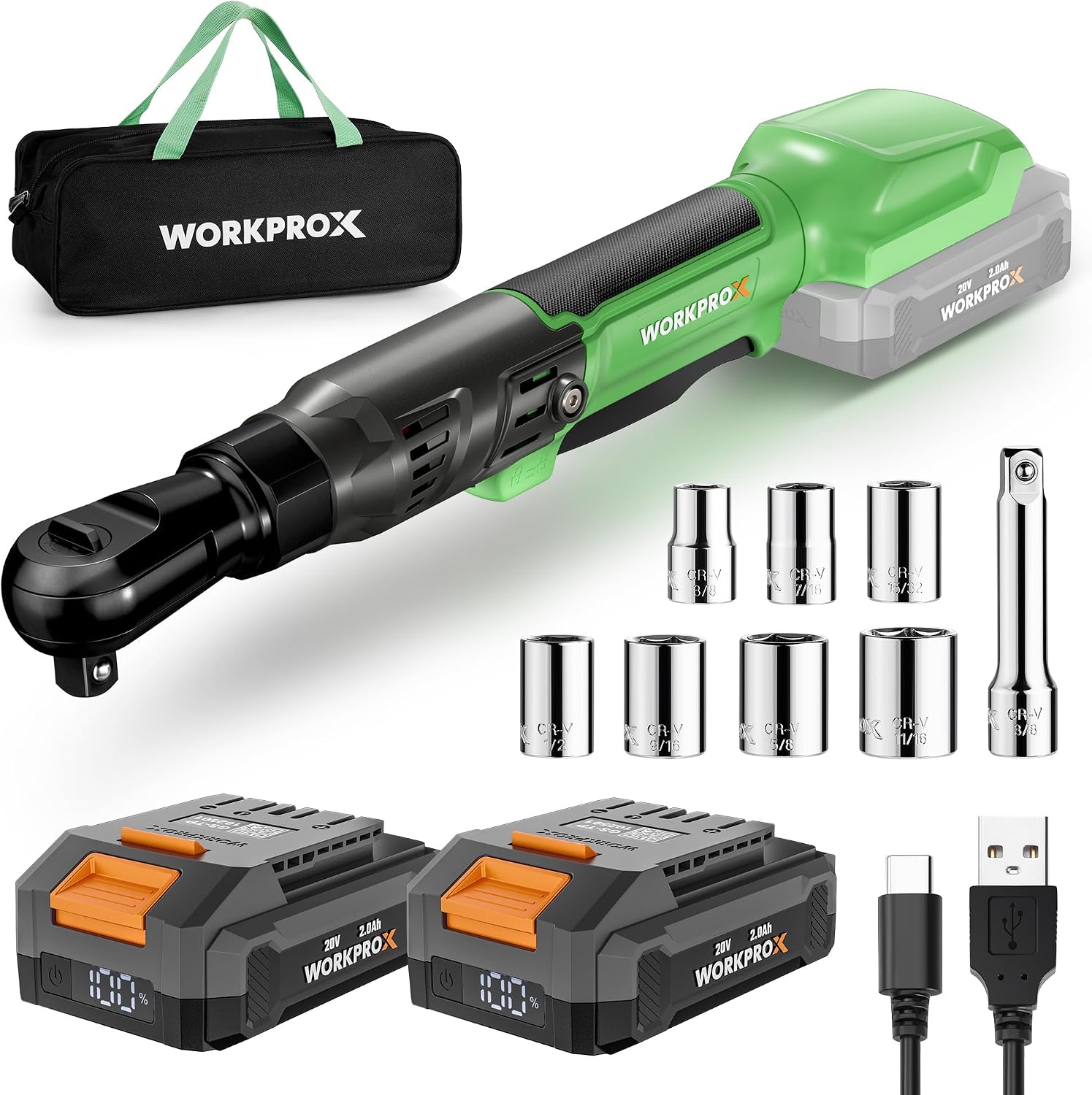 WORKPROX Electric Ratchet Wrench 3/8' Set, 20V Cordless Ratchet Wrench Kit, 74Ft-lbs, 250RPM, Battery Powered Ratchet with LED Light, 2-Pack 2000mAh Batteries, 7 Sockets & 3' Extension Bar