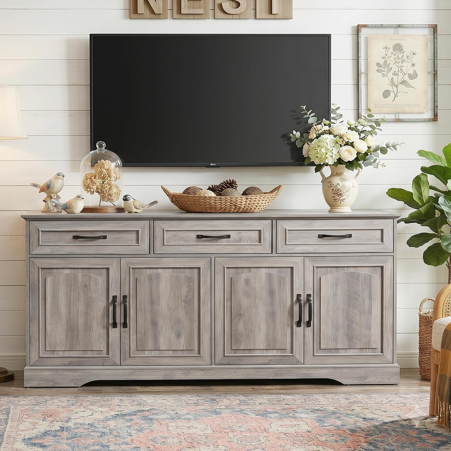 66' Large Sideboard Buffet Cabinet with Storage, Farmhouse Buffet Table Coffee Bar Wine Bar Kitchen Storage Cabinet with Drawers, Weathered Ash