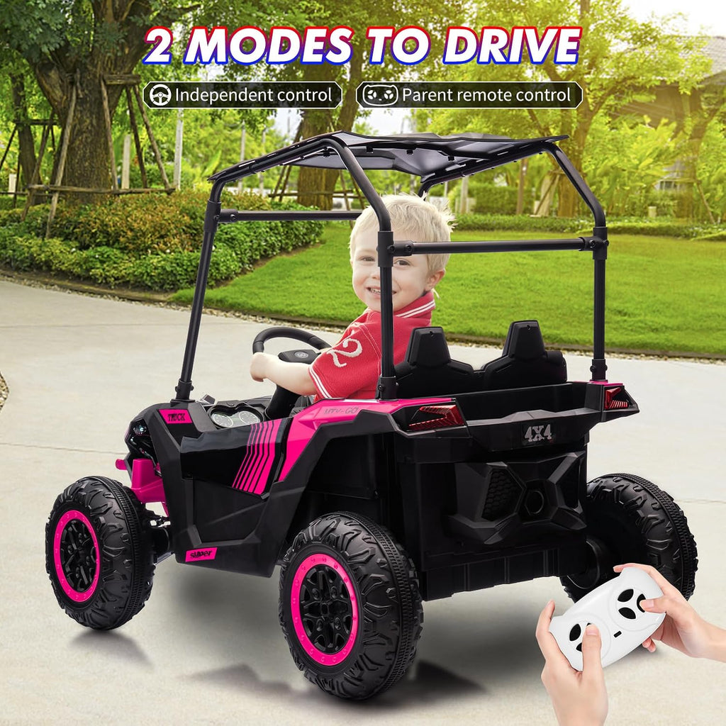 GarveeLife 24V Ride On Utv for Kids, 2 Seater Electric Truck with Sun Shade, 4WD Electric Car Toy with Remote Control, Led Lights, 4 Shock Absorbersm, One Click Start, Music Player(Rose)