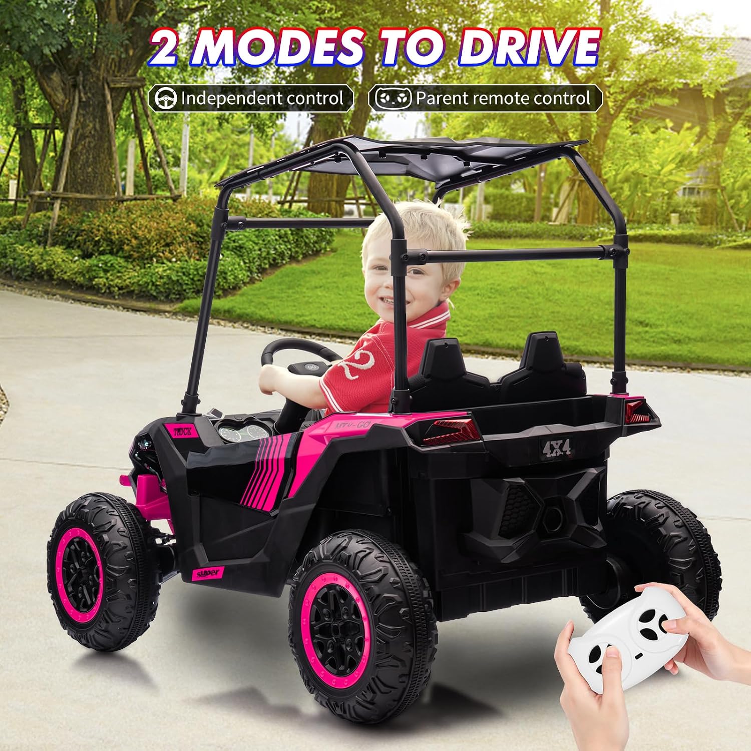 GarveeLife 24V Ride On Utv for Kids, 2 Seater Electric Truck with Sun Shade, 4WD Electric Car Toy with Remote Control, Led Lights, 4 Shock Absorbersm, One Click Start, Music Player(Rose)