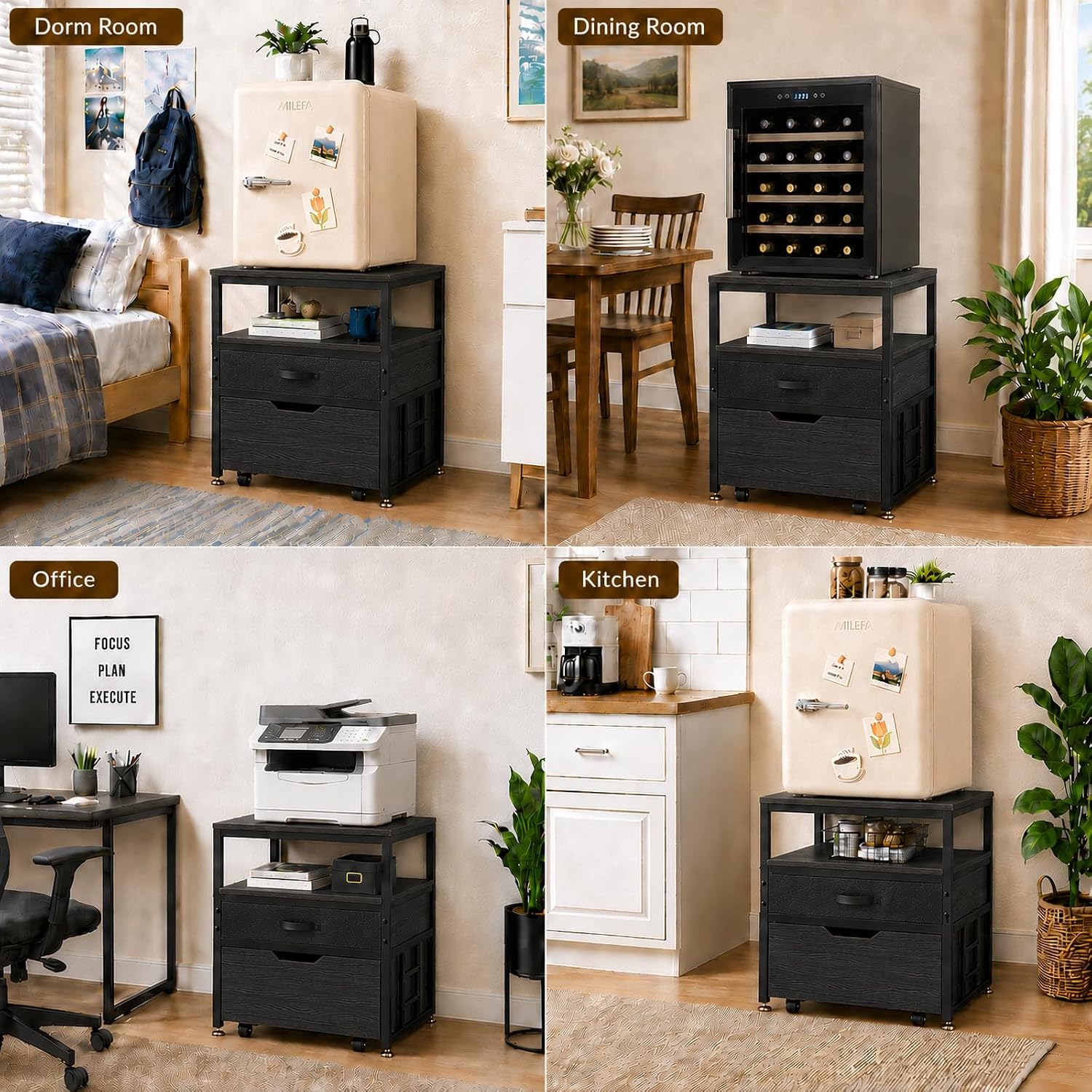 Mini Fridge Stand with Storage Drawer for Dorm Room, 220 lb Heavy Duty Refrigerator Stand with Power Outlet and Pull-Out Basket, Small Fridge Table for Apartment, office, Kitchen, Black