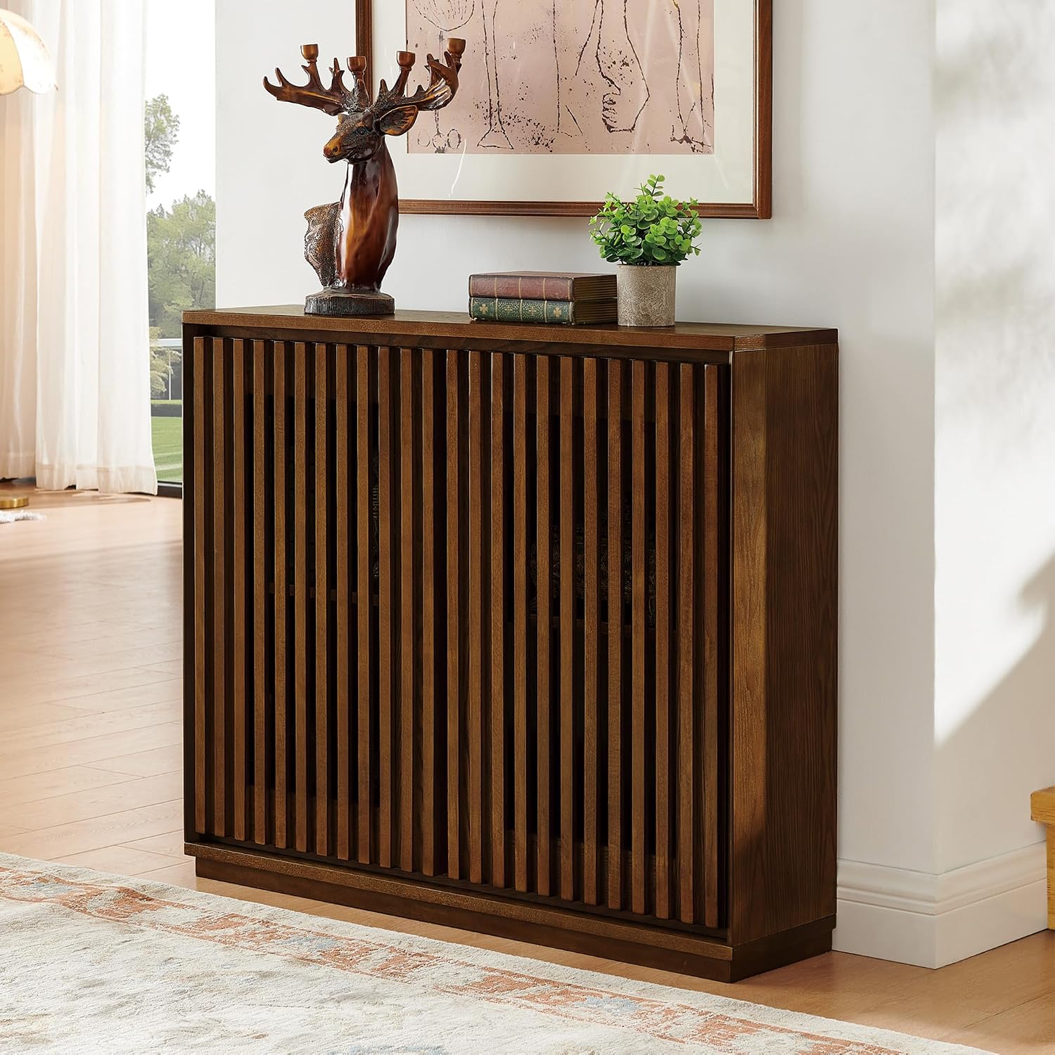 LKTART 39' Walnut Narrow Sideboard Buffet Storage Cabinet for Entryway | Walnut Wood Small Sideboard Storage Cabinet;Mid Century Modern Thin Entryway Cabinet for Living Room,Hallway,Small Space