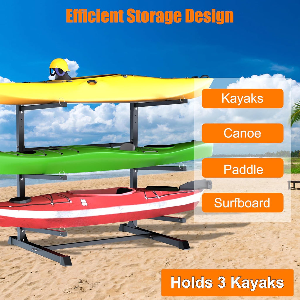 TRUSOON Outdoor Freestanding Kayak Rack, Heavy Duty Kayak Stand for 3 Kayaks, Canoe, Surfboard, Paddle Board Storage, Hold up to 600lbs, Black