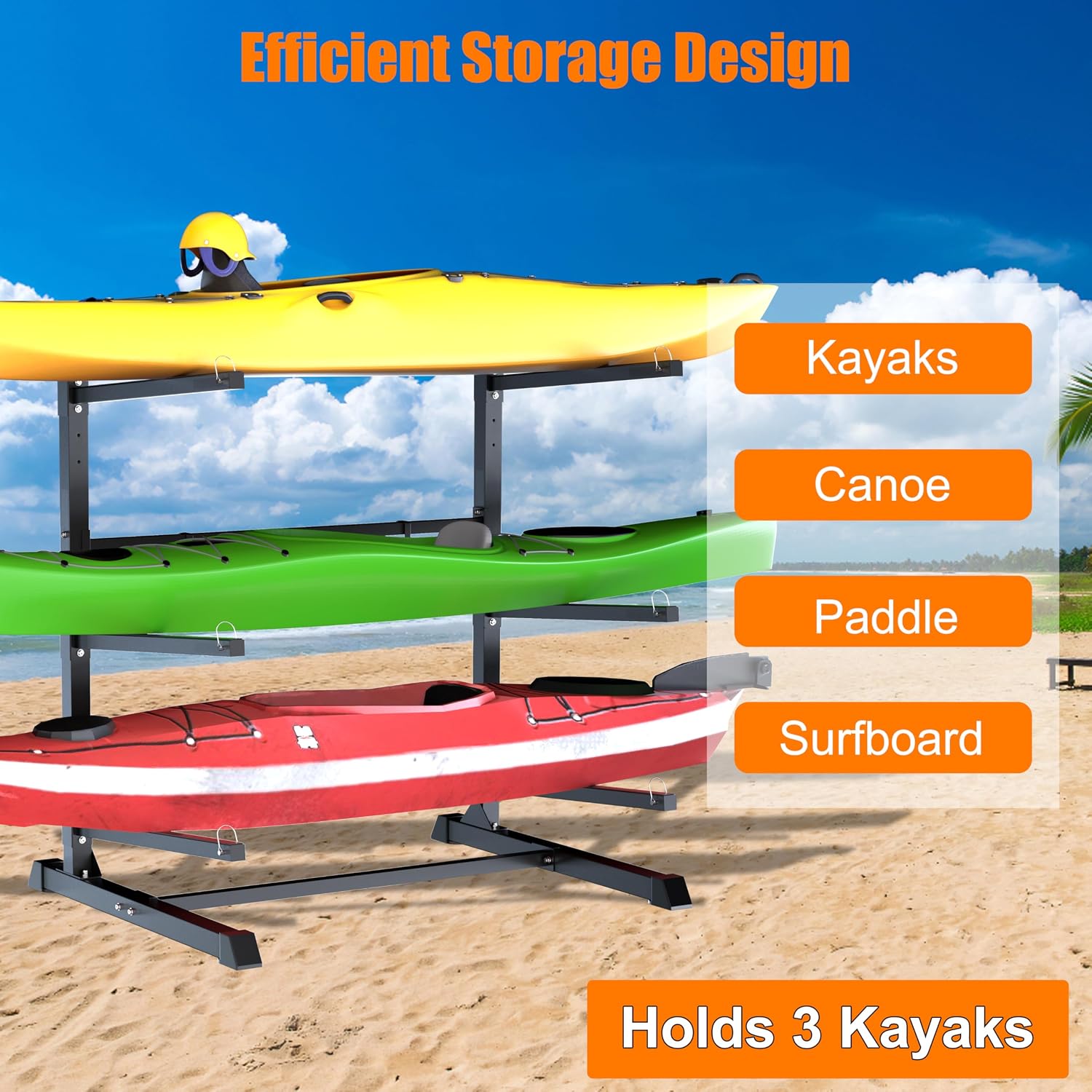 TRUSOON Outdoor Freestanding Kayak Rack, Heavy Duty Kayak Stand for 3 Kayaks, Canoe, Surfboard, Paddle Board Storage, Hold up to 600lbs, Black
