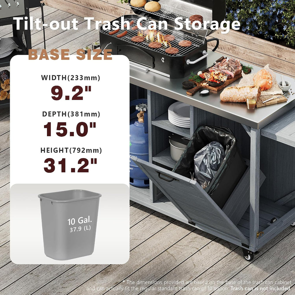 LUMISOL Outdoor Grill Cart with Stainless Steel Top, Movable Outdoor Kitchen Island with Foldable Grill Table, Rolling Kitchen Cart with Trash Can Storage, Outdoor Prep Table for Parties, Grey Blue