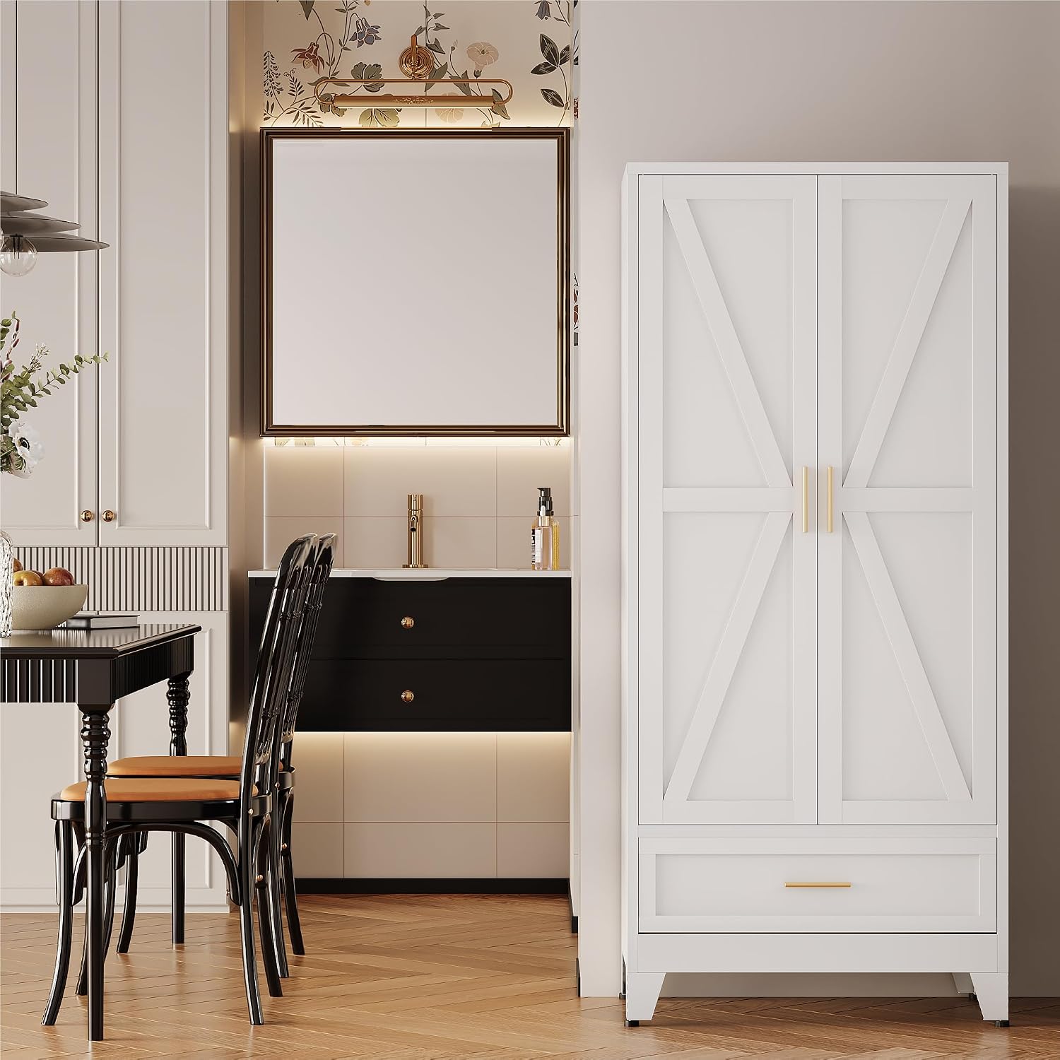 QINPTWUT 71' Storage Cabinet with Bottom Drawer, Pantry Cabinet in White with 2 Doors & 4 Adjustable Shelves, Freestanding Steel Cupboard for Garage, Home Office, Kitchen, Heavy-Duty Storage