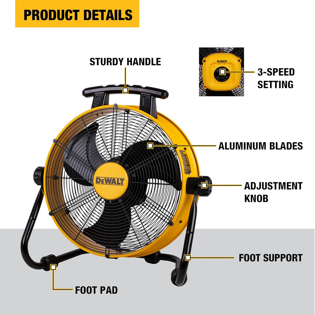 DEWALT DXF1840 Floor Fan, Industrial Fans, 18 Inch High Velocity Fan with 3-Speed Heavy Duty Air Circulator and 180 Adjustable Tilt, Large Electric Metal Rotating Garage Fan, Drum fan for Work, Yellow