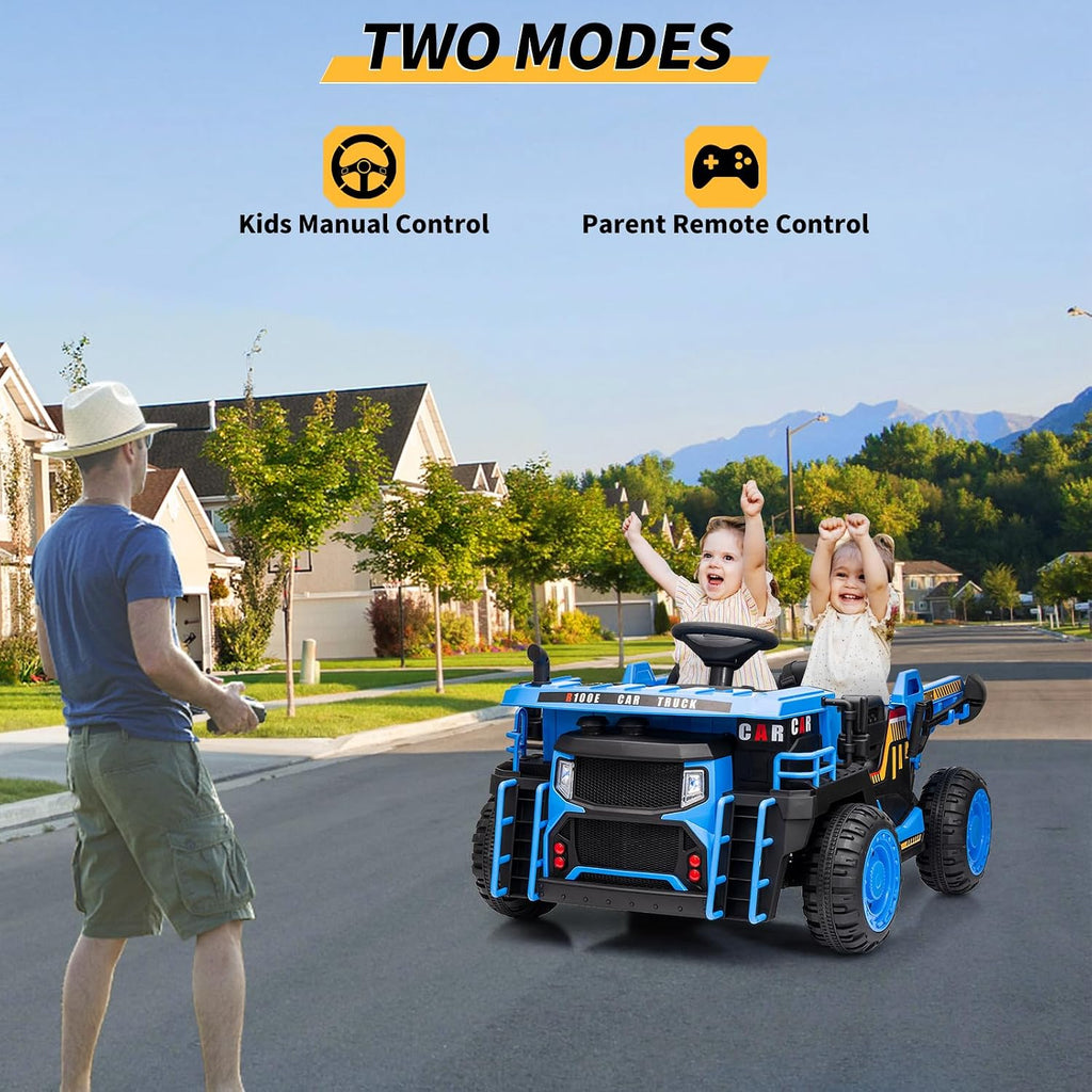 24V Kids Ride On Dump Truck with R/C, 2 Seater Electric Car - 2WD/4WD Powerful Motors, 4.4 Mph, Electric Dump Bed & Shovel, EVA Tires, Music Player, Soft Start, 19' Spacious Seat (Blue)