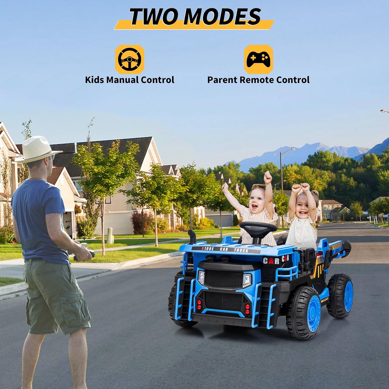 24V Kids Ride On Dump Truck with R/C, 2 Seater Electric Car - 2WD/4WD Powerful Motors, 4.4 Mph, Electric Dump Bed & Shovel, EVA Tires, Music Player, Soft Start, 19' Spacious Seat (Blue)
