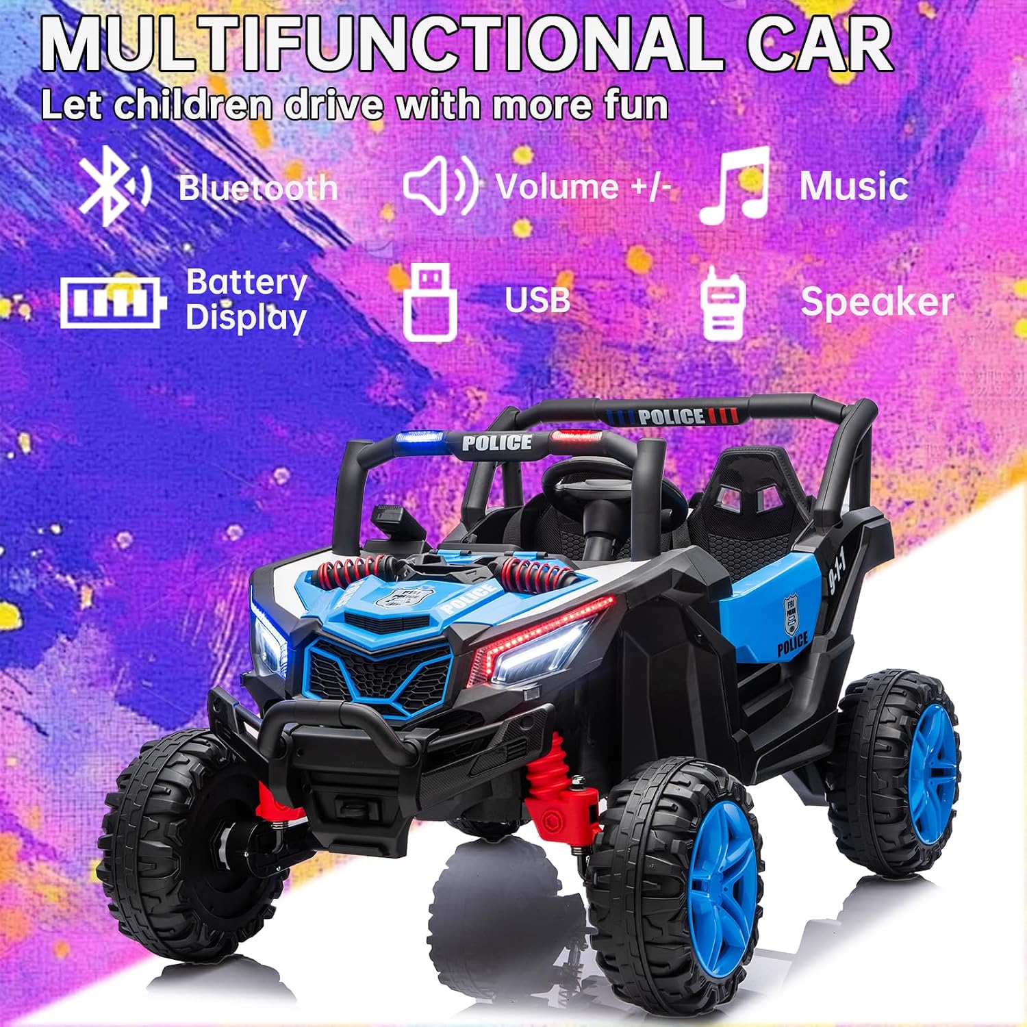 Kid Police 4WD UTV 24V Ride On Toys for Big Kids 2 Seater Ride On Toys Kids | 2 Seater Ride On Car for Kids Side-by-Side UTV Electric Cars for Kids Electric Ride Car Ride On Toys for Kids 4-8