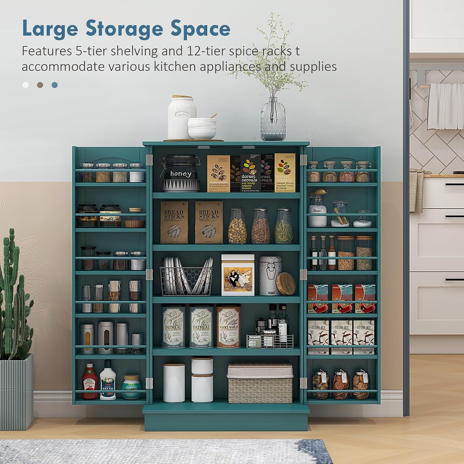 HOMCOM 41' Kitchen Pantry Storage Cabinet, Freestanding Kitchen Cabinet with 12 Door Shelves, Double Doors, 5-Tier Shelving and Adjustable Shelves, Blue
