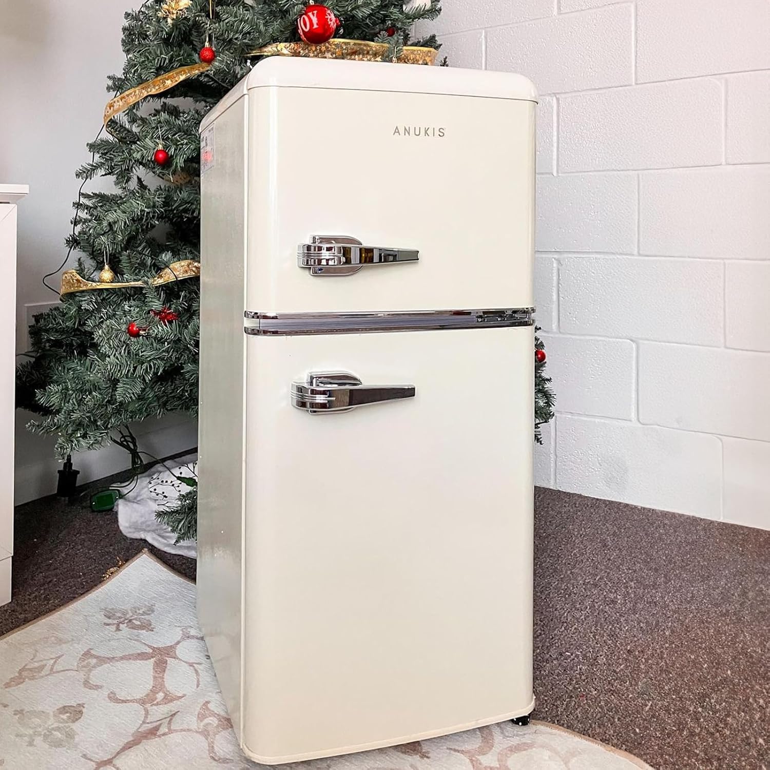 Anukis Mini Fridge with Freezer 3.2 Cu Ft 2 Door Compact Refrigerator for Apartment, Dorm, Office, Family, Basement, Garage - Retro Cream