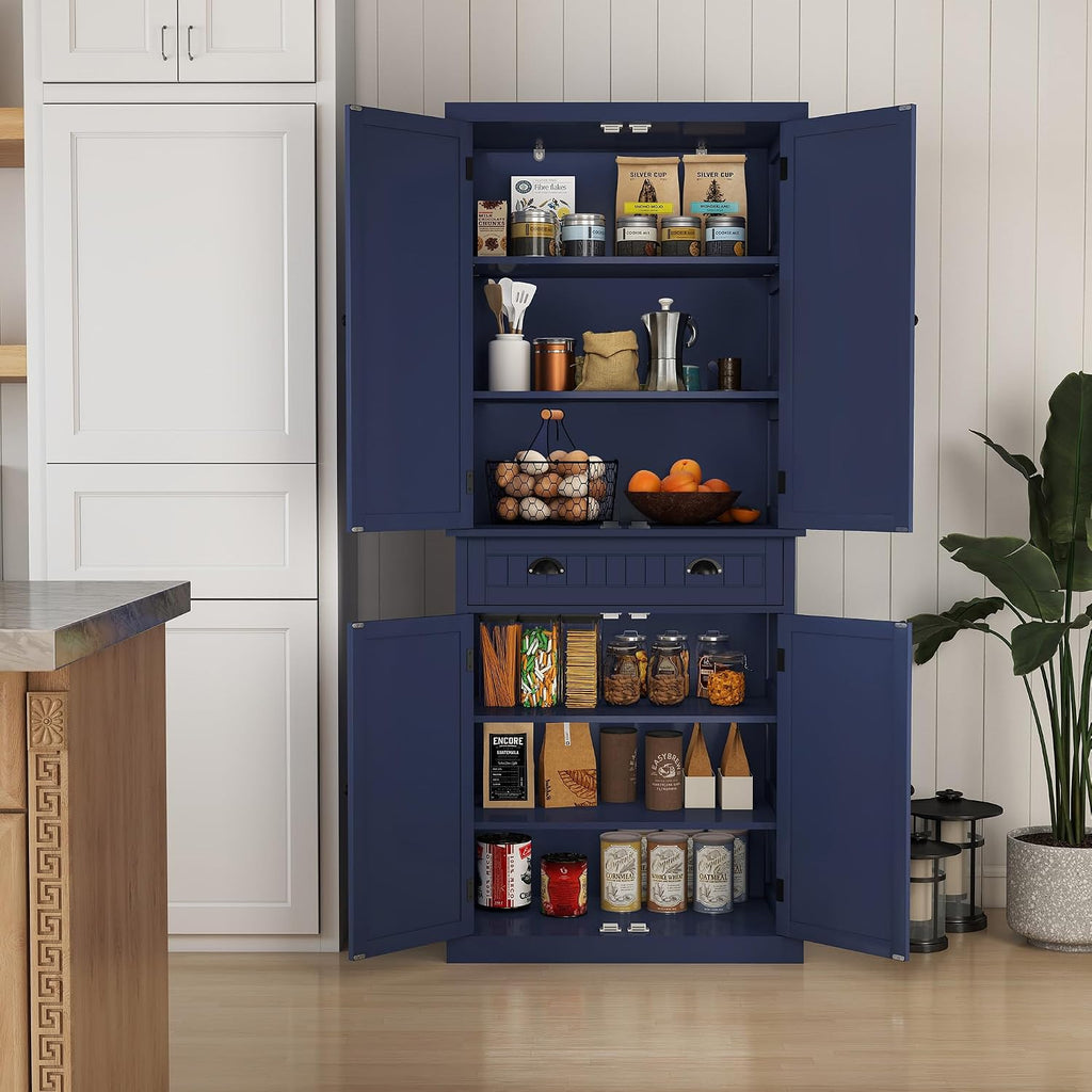 Kitchen Pantry Cabinet, Tall Pantry Storage Cabinet with Drawer and Adjustable Shelves, Blue Freestanding Cupboard for Kitchen, Dining Room and Living Room