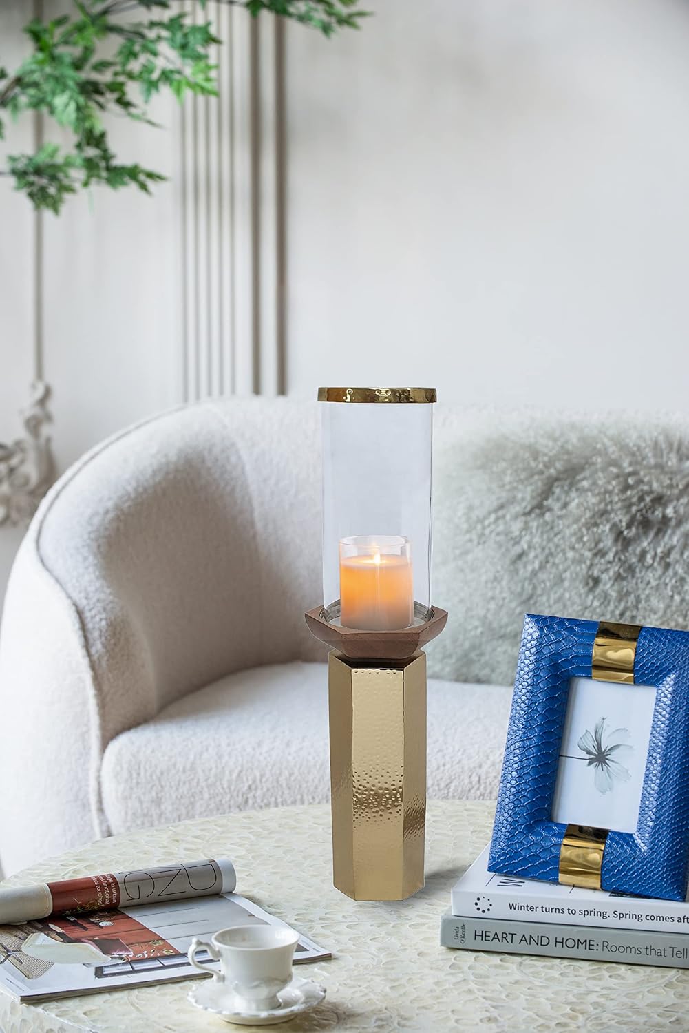 A&B Home Hammered Gold Candle Holder- Aluminum Candle Holder with Hurricane Glass, Decorative Tabletop Lighting, Living Room Coffee Table Accent Piece Dining Table Centerpiece, 5' x 5' x 20'