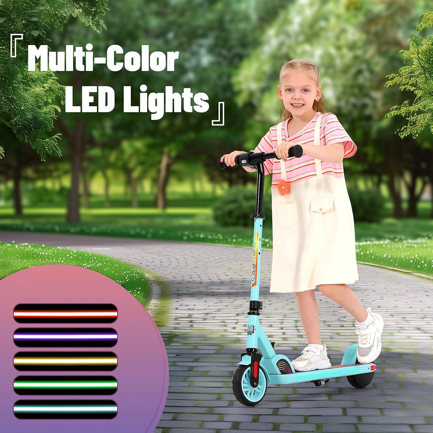 Caroma E35 Kids Electric Scooter for Ages 8-12, 150W Motor Up to 7 Miles Range & 10 MPH Speed, LED Display, Colorful Rainbow Lights, Adjustable Height, Foldable & Lightweight Design