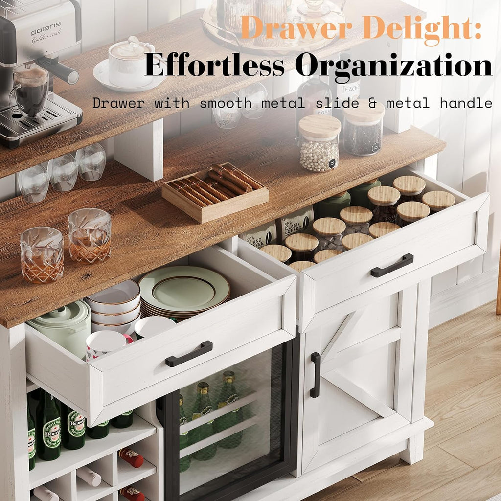 AMERLIFE 47' Farmhouse Coffee Bar Cabinet with 15' Refrigerator & Wine Rack & Glass Holder, Wine Cabinet with Storage Drawers & Open Shelves, Sideboard Buffet Cabinet for Dinging Room, Living Room