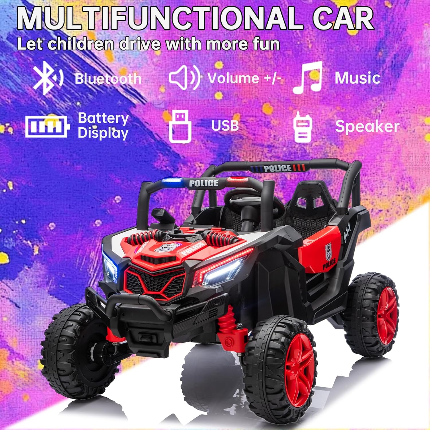 Kid Police 4WD UTV 24V Ride On Toys for Big Kids 2 Seater Ride On Toys Kids | 2 Seater Ride On Car for Kids Side-by-Side UTV Electric Cars for Kids Electric Ride Car Ride On Toys for Kids 4-8
