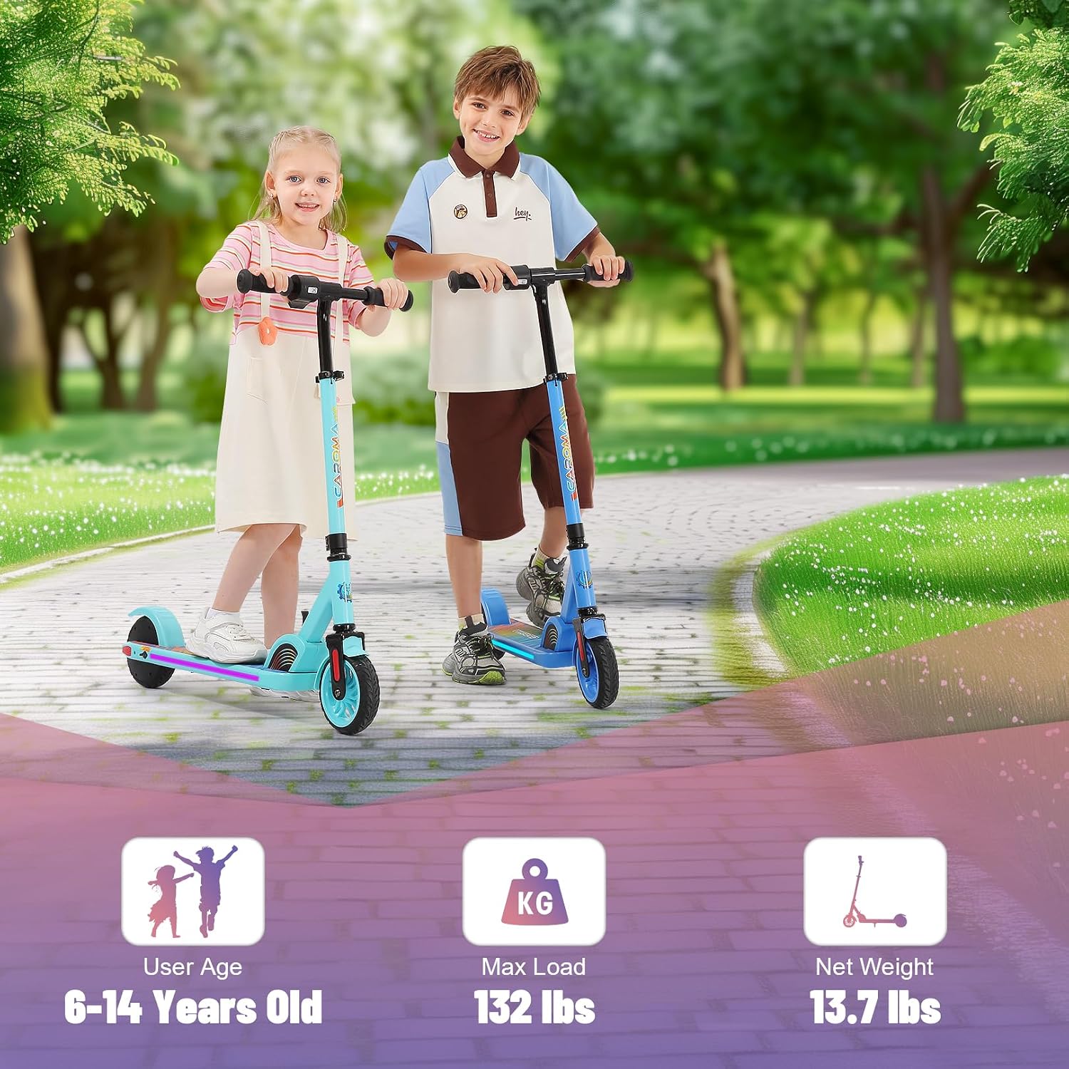 Caroma E35 Kids Electric Scooter for Ages 8-12, 150W Motor Up to 7 Miles Range & 10 MPH Speed, LED Display, Colorful Rainbow Lights, Adjustable Height, Foldable & Lightweight Design