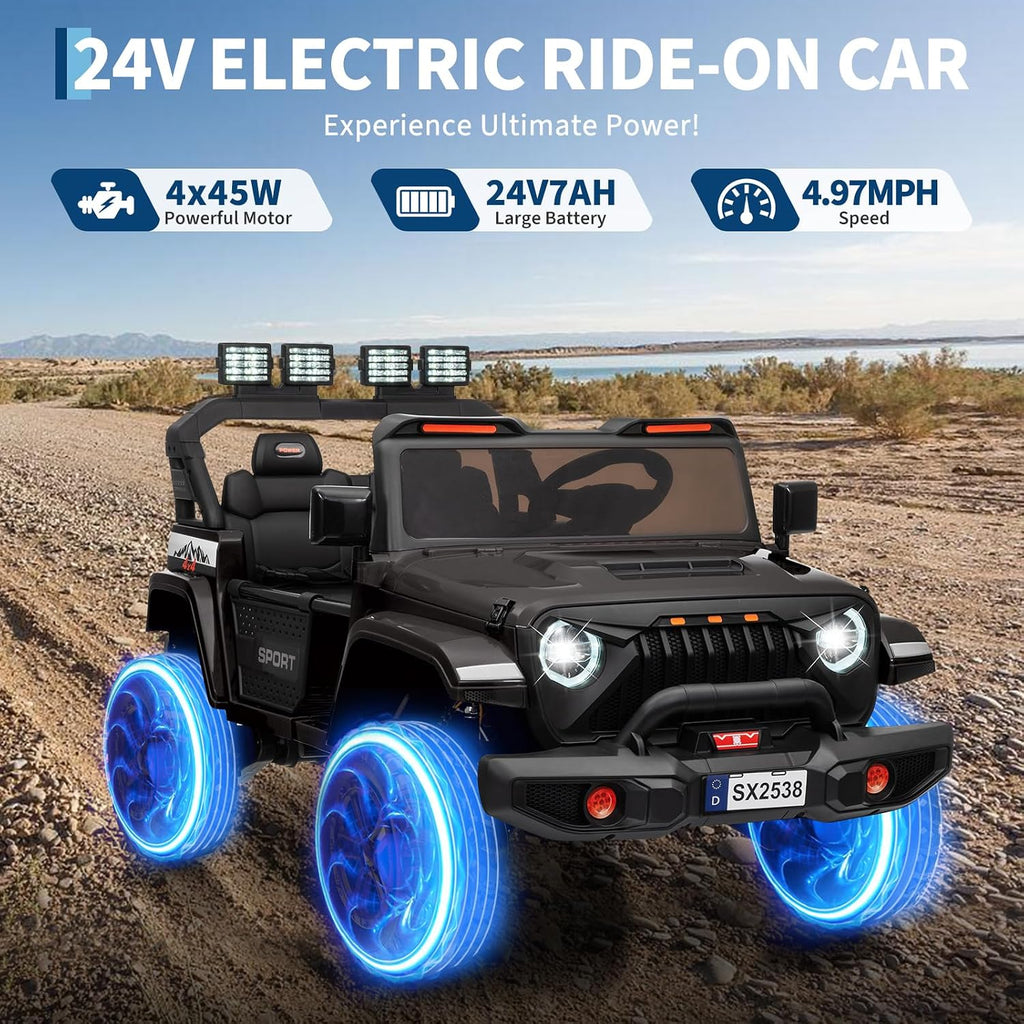GarveeLife 24V Ride on Toys, 2 Seater Kids Ride on Truck Car, Parent Remote Control, 4WD 800w Motor, 3 Adjustable Speeds, Built-in Music Player, Kids Electric Ride on Toys with Easy Assembly, Black