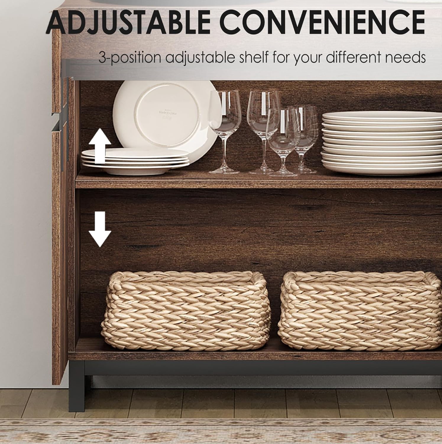 WAMPAT 2 in 1 Multifunctional Sideboard Buffet Cabinets, Modern Sideboard with Adjustable Shelf and Metal Base, Coffee Bar Cabinet Storage Cabinet for Living Room, Kitchen, Brown