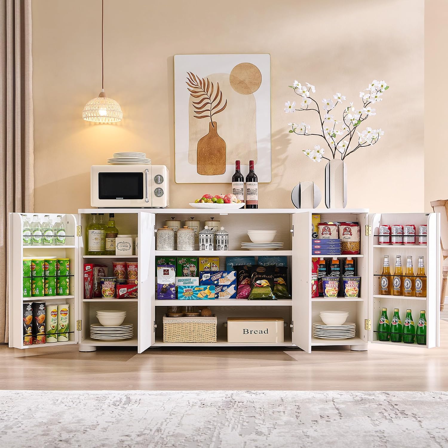 IFGET Curved Buffet Cabinet with Doors, 66' Large Sideboard Buffet Storage Cabinet with 4 Doors and Shleves, Modern Coffee Bar Station Wood Kitchen Table for Kitchen, Dining Room, White