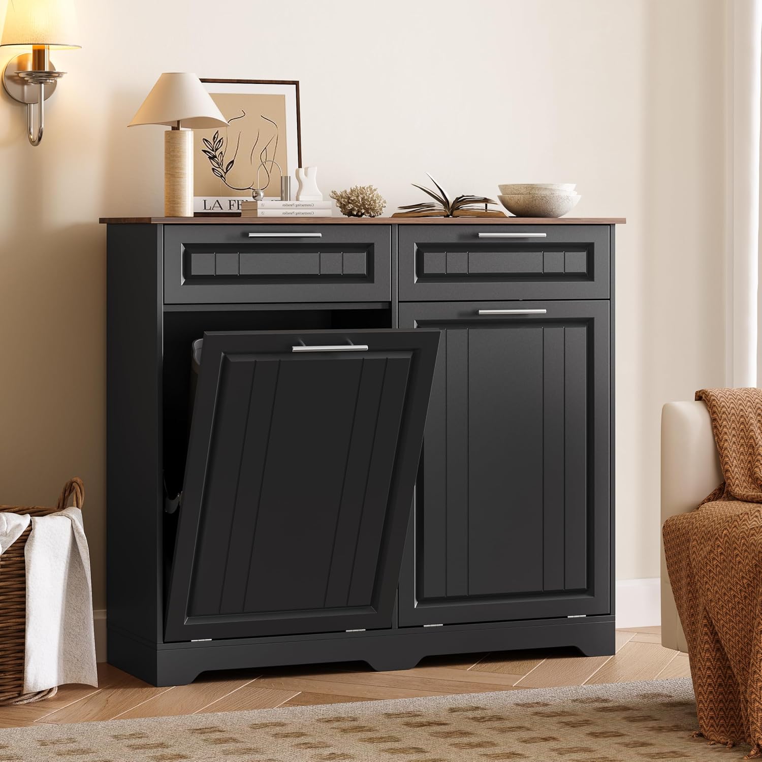 2 x 10 Gallon Double Tilt Out Trash Can Cabinet with Deodorizing Function & Charging Station, Hidden Laundry Hamper Cabinet with Storage Drawers, Garbage Can Holder for Kitchen, Bathroom, Black