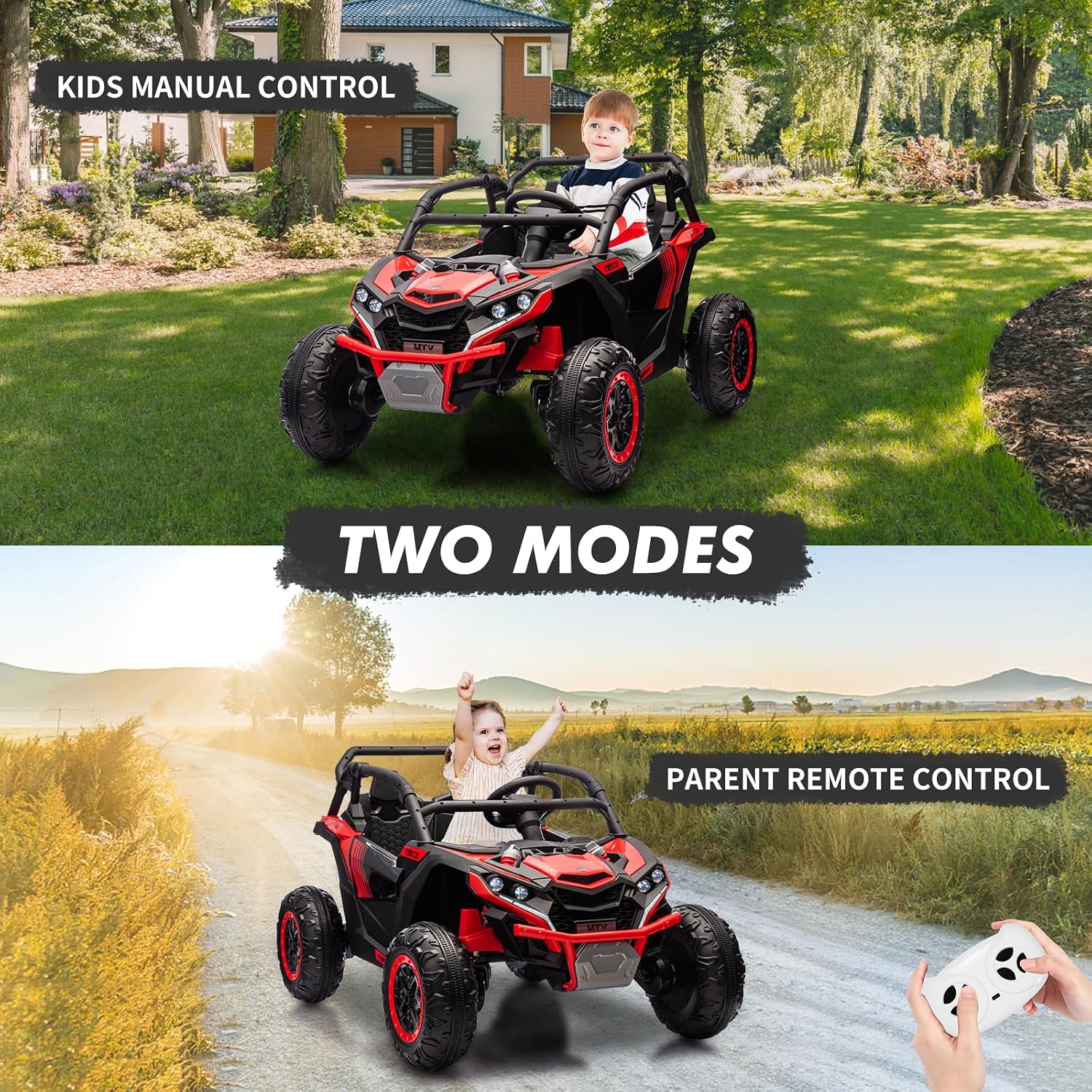 GarveeLife 24V Ride On Utv for Kids, 2 Seater 4WD Electric Truck with Remote Control, High and Low Speed Adjustment, Led Lights,4-Wheel Shock Absorption, One Click Start, Music Player (Red)