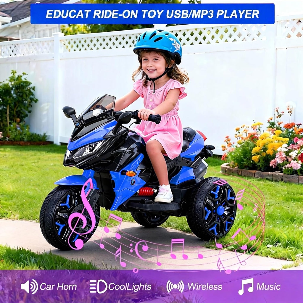 12V Kids Electric Motorcycle with Training Wheels | Plastic, PU seat, manual throttle, foot brake, USB, MP3, phone link, light-up wheels, ages 3-6, 45.3 W x 23.2 D x 28.7 H in