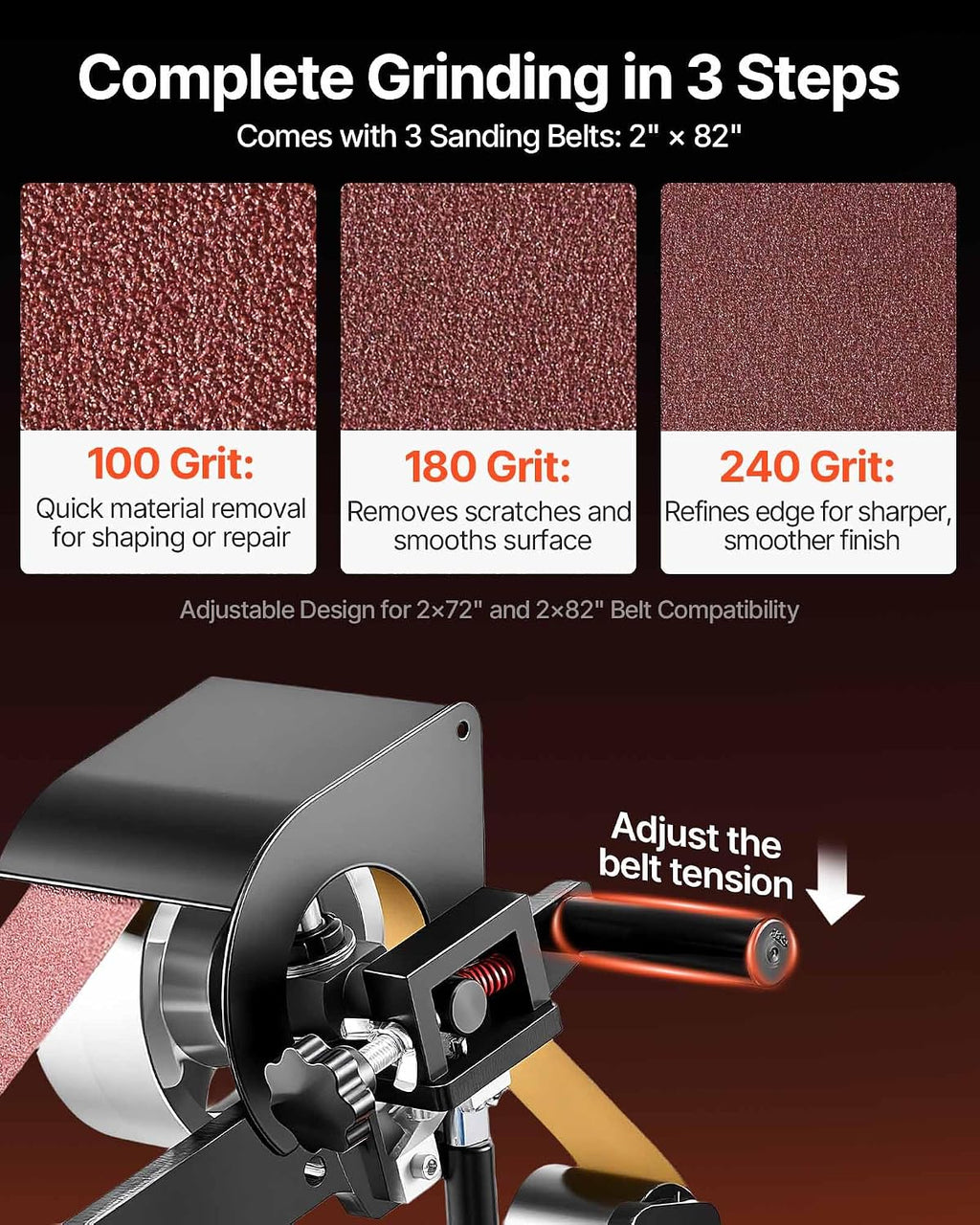 VEVOR 1500W 2HP Belt Sander Grinder, 2' x 82' Variable Speed Belt Grinder for Metalworking, 3-in-1 Belt Sander Polisher with 3 Grinding Moulds & Flat Platen Tool Rest for Knife Making