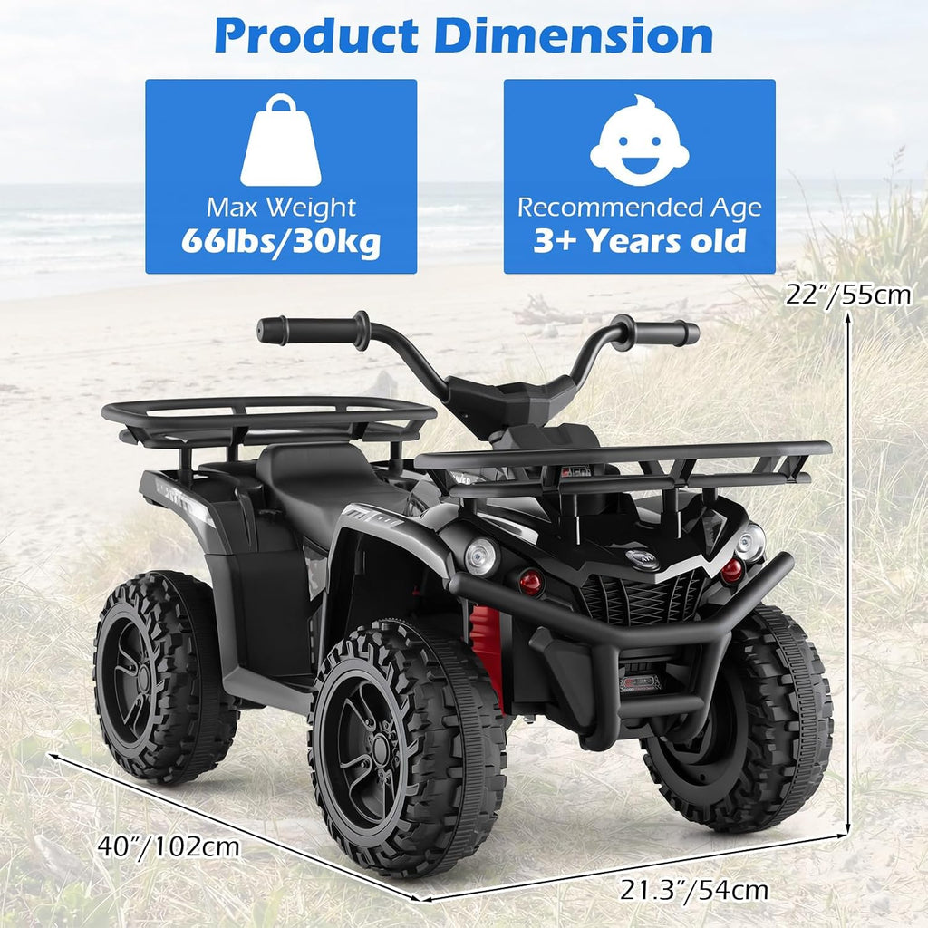 OLAKIDS 12V Kids ATV Quad with 2 Speeds, Spring Suspension, LED Lights, Music & Story Player, Big Tires, 2 Storage Spaces, Ride On Car for Boys Girls Ages 3+ (12V, Black)