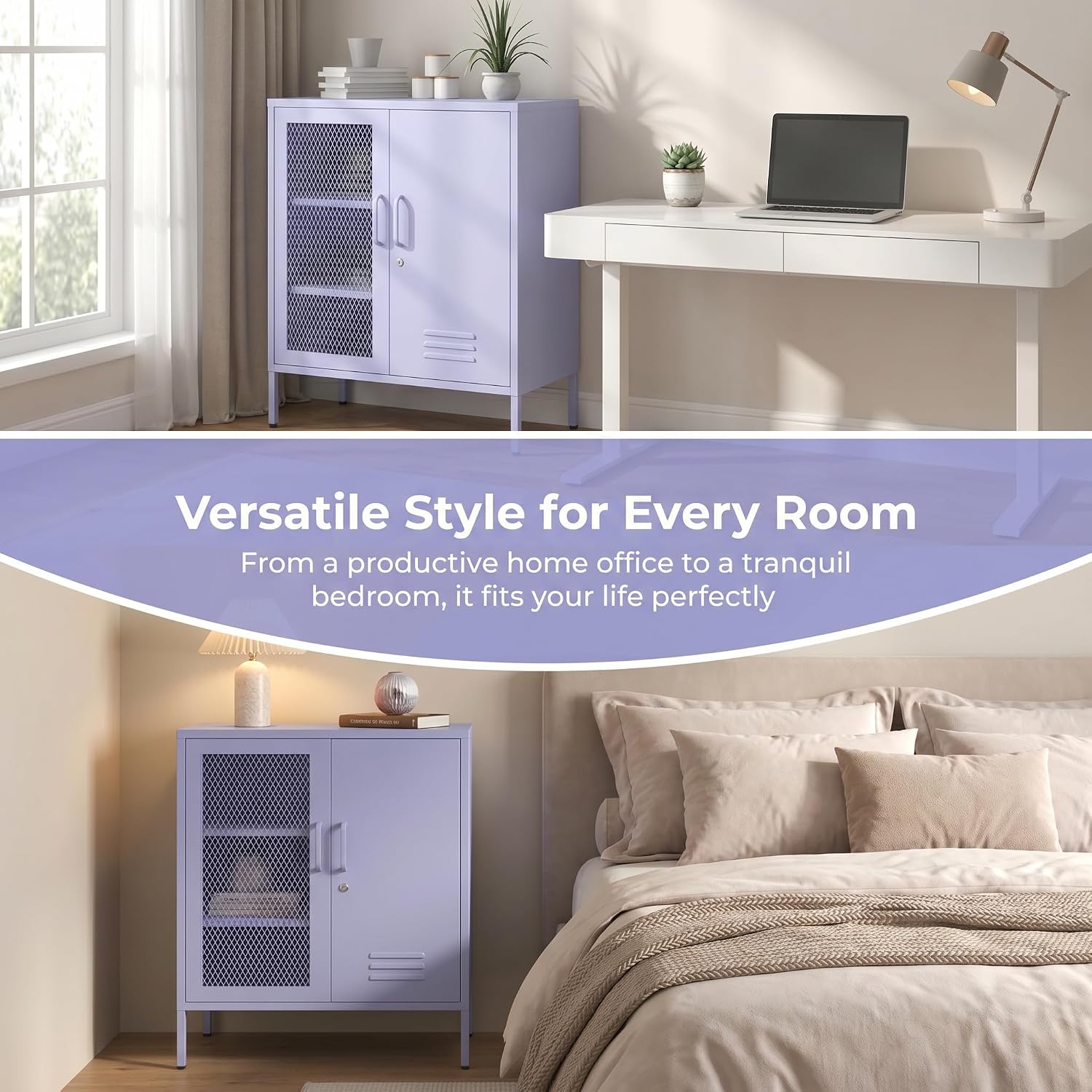 Purple Metal Storage Cabinet with Lock 3-Tier Freestanding Locker Organizer with Mesh Ventilated Door Multipurpose Accent Cabinet Locker Adjustable legs For Hallway, Living Room, Entryway, Home Office