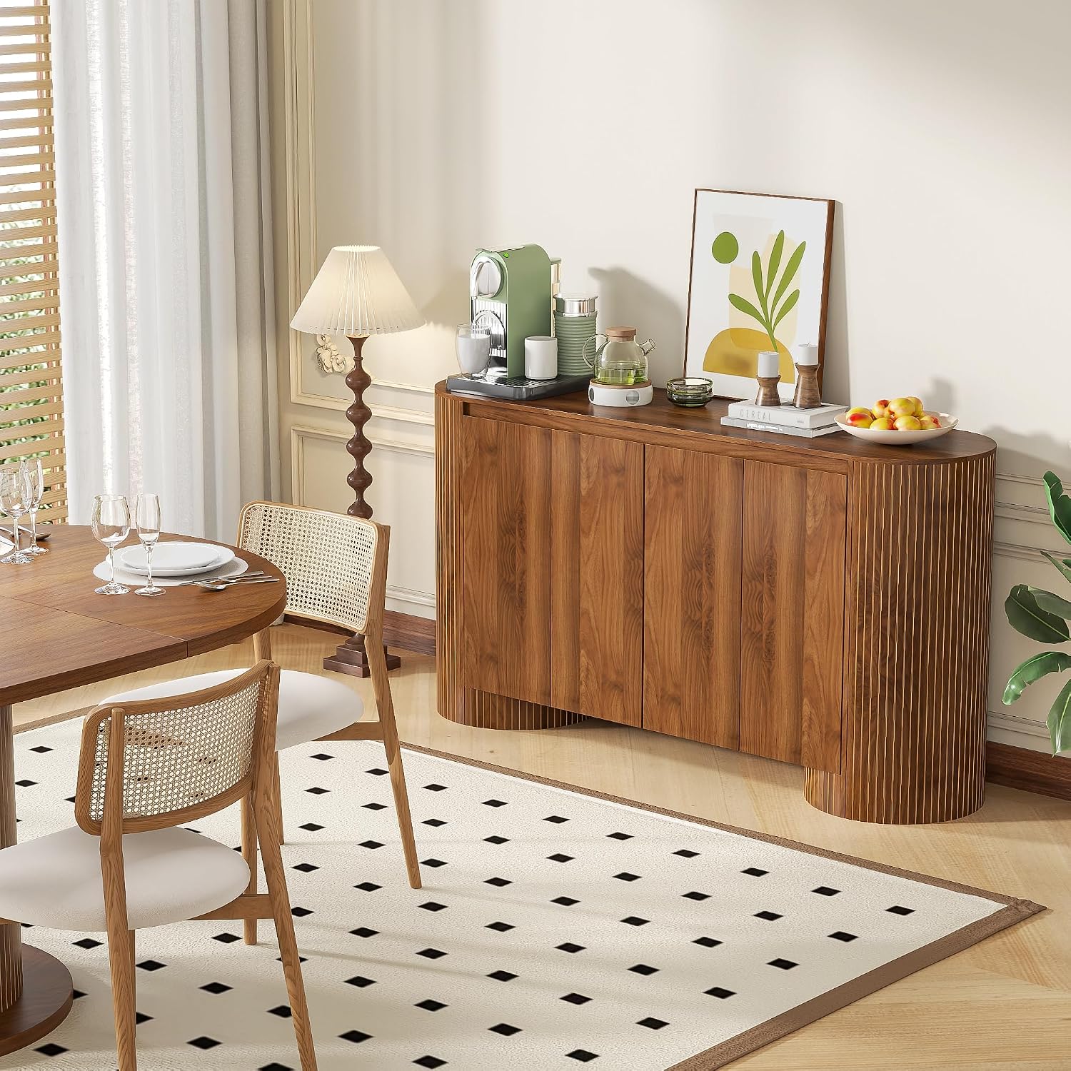 Sideboard Buffet Cabinet with Storage, 60' Modern Credenza Storage Cabinet with 4 Doors and Adjustable Shelves, Large Oval Buffet Table for Kitchen, Living Room (Walnut)
