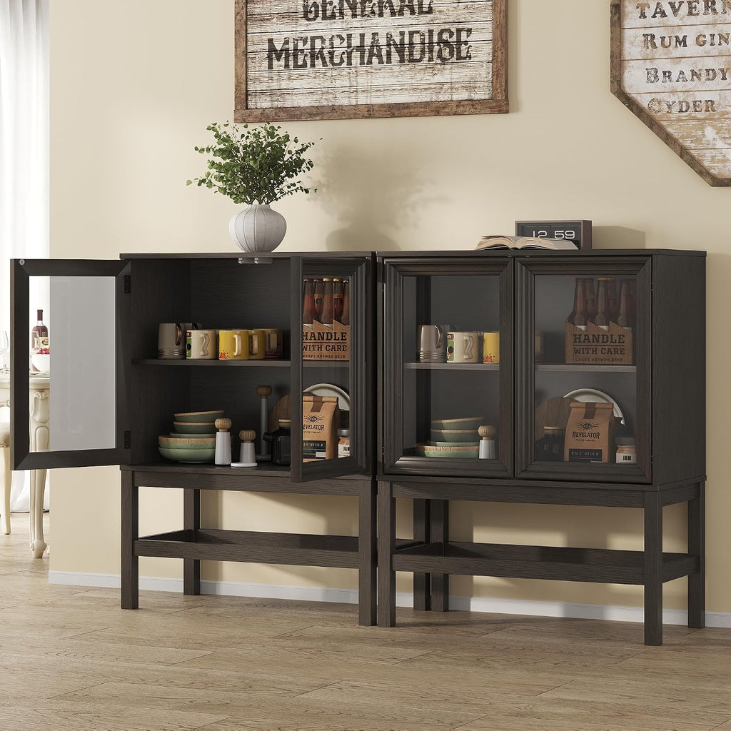 Sideboard Buffet Cabinet with Storage Set of 2, Small Kitchen Coffee Wine Bar Cabinet with Glass Doors, Wood Mid Century Modern Side Board Table for Dining Room, Living Room